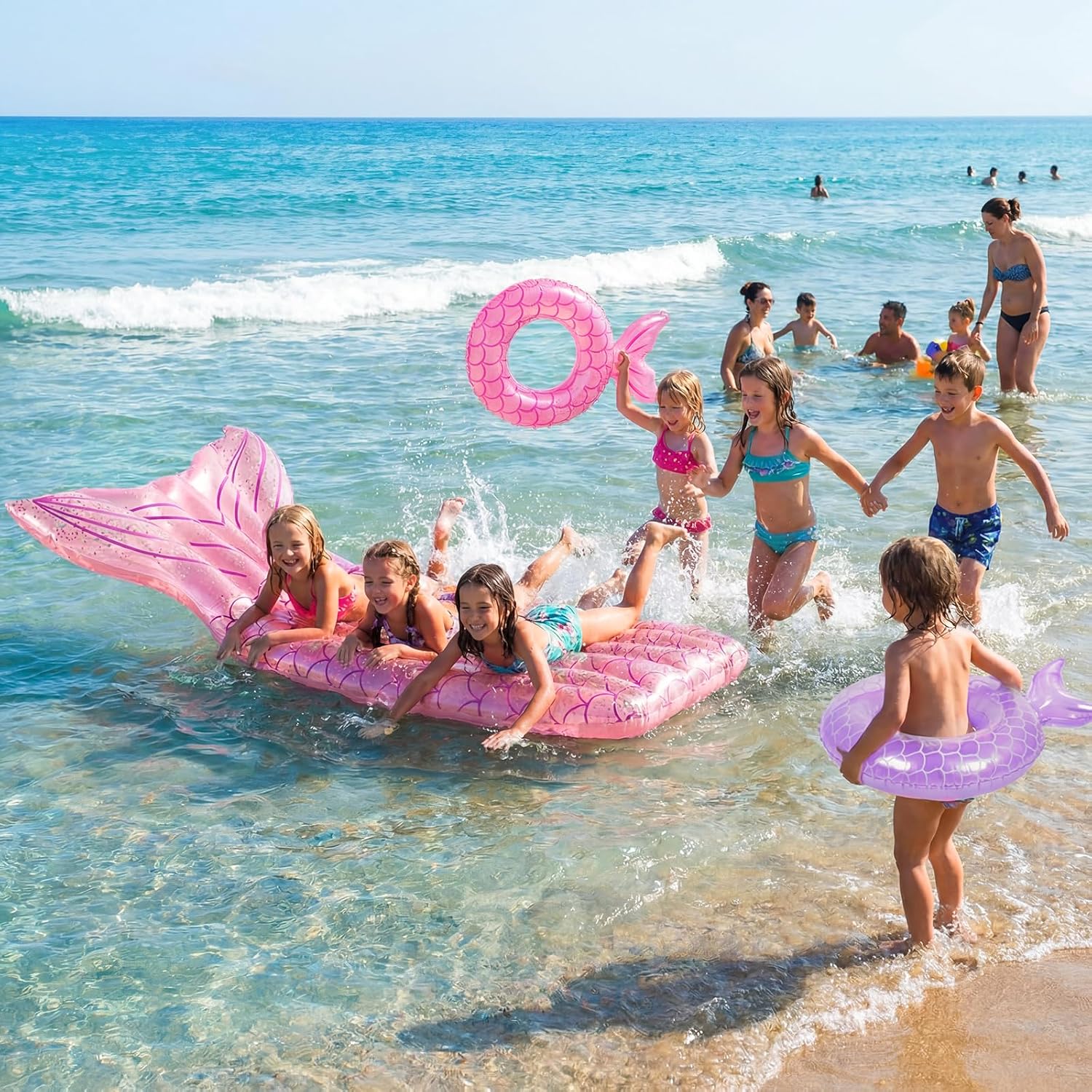 5 Pack Pool Floats Include 4 Pcs Mermaid Inflatable Pool Float Tube 1 Pcs Floatie Raft Mermaid Tail Swim Ring for Beach Water Toys