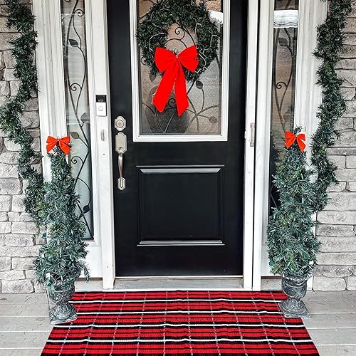 Miniatura 6 de Tapete de Navidad de 3 x 5 pies, color negro y rojo, tapete de bienvenida lavable para casa de campo, tapete de bienvenida reversible a cuadros,