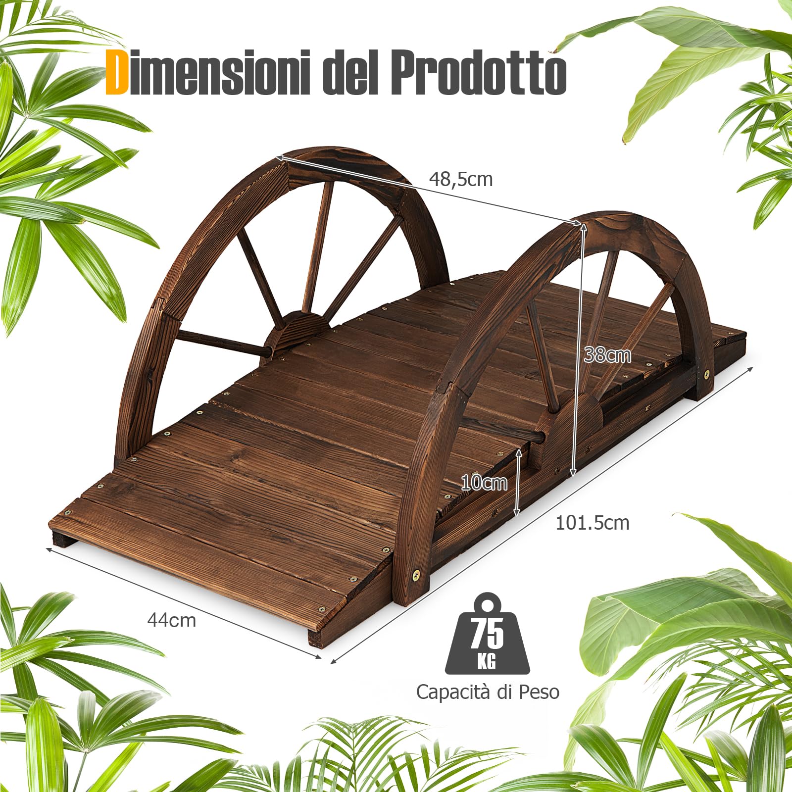 GYMAX Ponte da Giardino in Legno, con Ringhiera di Sicurezza a Forma di Ruota Finitura Tinta, da Esterno per Cortile Giardino Torrente Fattoria, 101,5 x 48,5 x 38 cm