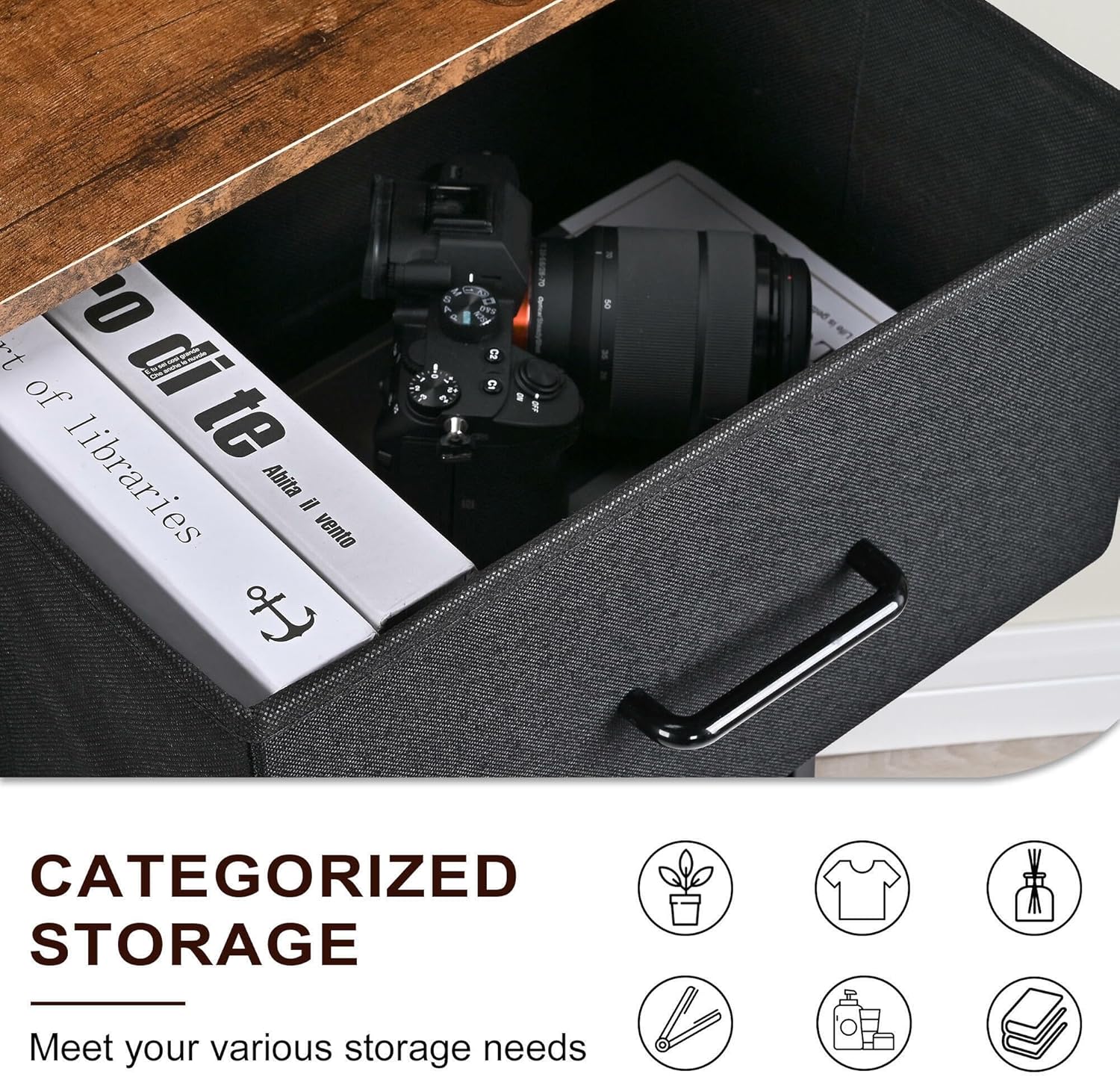 Image showing various items categorized and stored in the fabric drawers