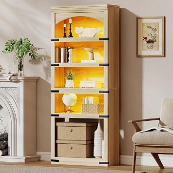 BREEZEHEAT 5-Tier Arched Bookcase, 70" Tall Bookcase with LED Lights, Floor Standing Open Display Storage Shelf with Metal Corner, Large Organizer for Living Room, Home Office, Natural Oak