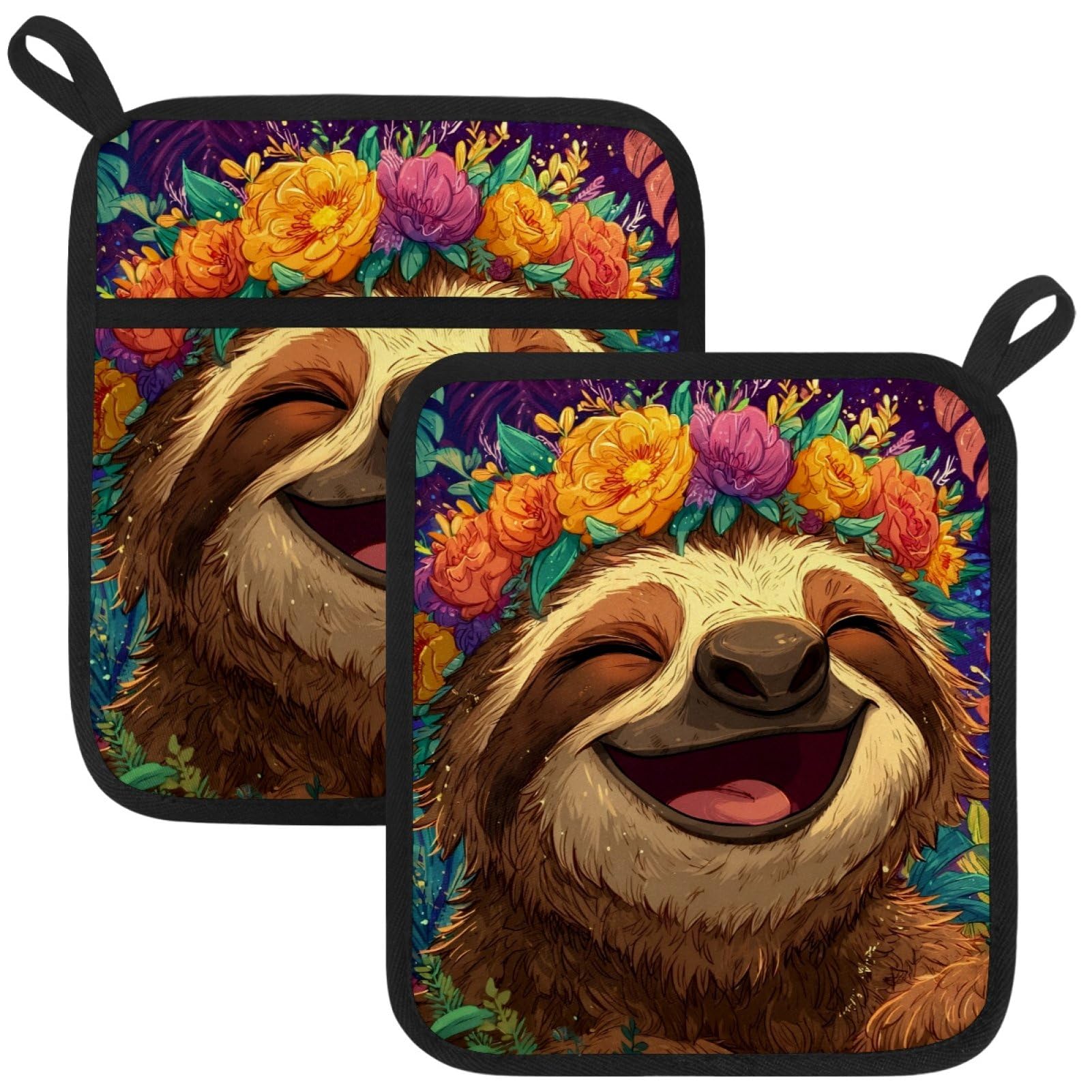 VAPOKF Sloth Flower Heat Resistant Pot Holders, Thick Pot Holders Pad with Hanging Loop for Kitchen, Oven Cloth Pads for Kitchen Baking Microwave Oven