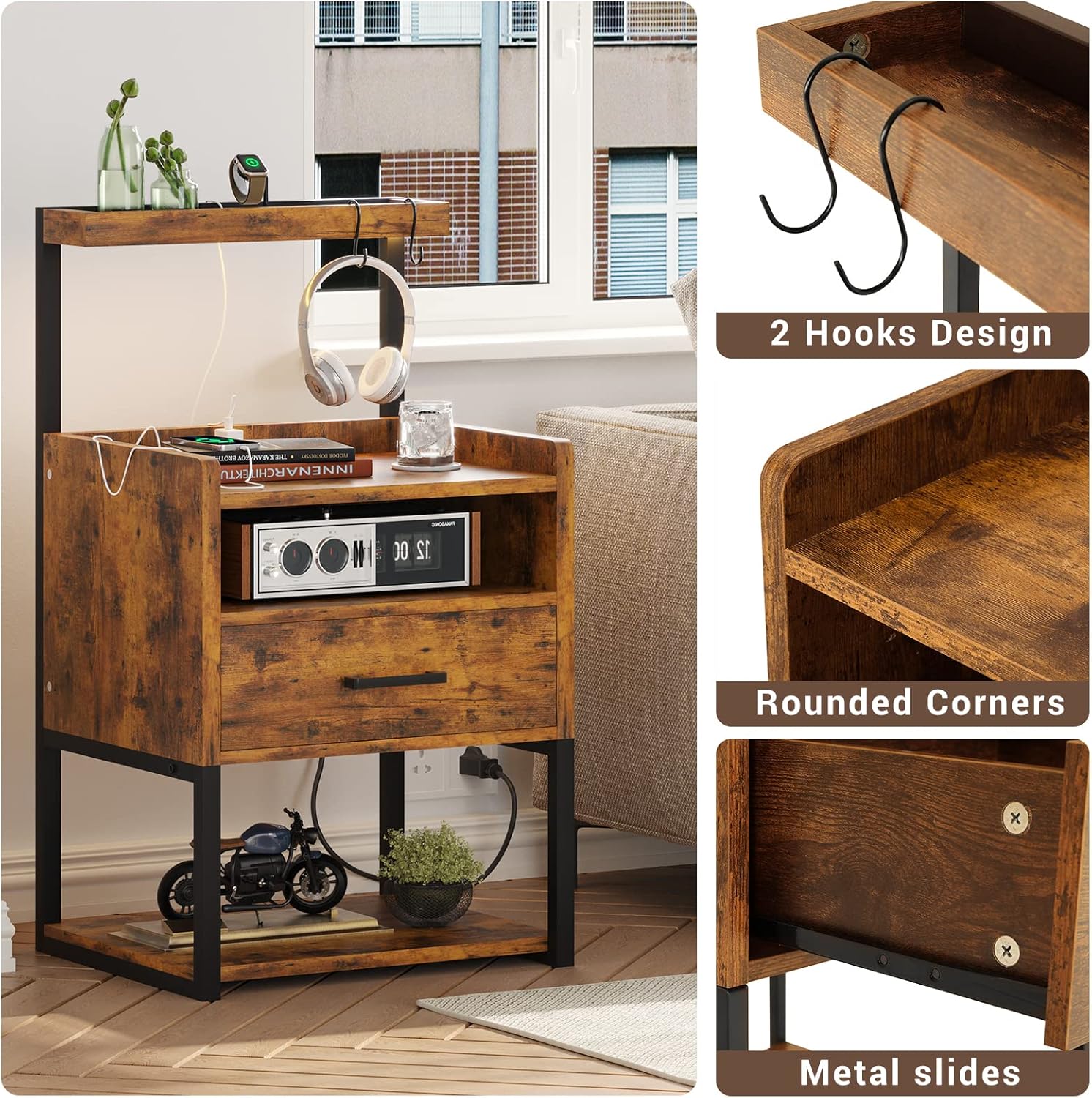 AOGLLATI Nightstand Set of 2 with Charging Station, Rustic Brown Night Stands for Bedroom Set of 2, Bedside Table with Storage Drawer and LED Light, End Side Table with USB Ports Easy Assembly