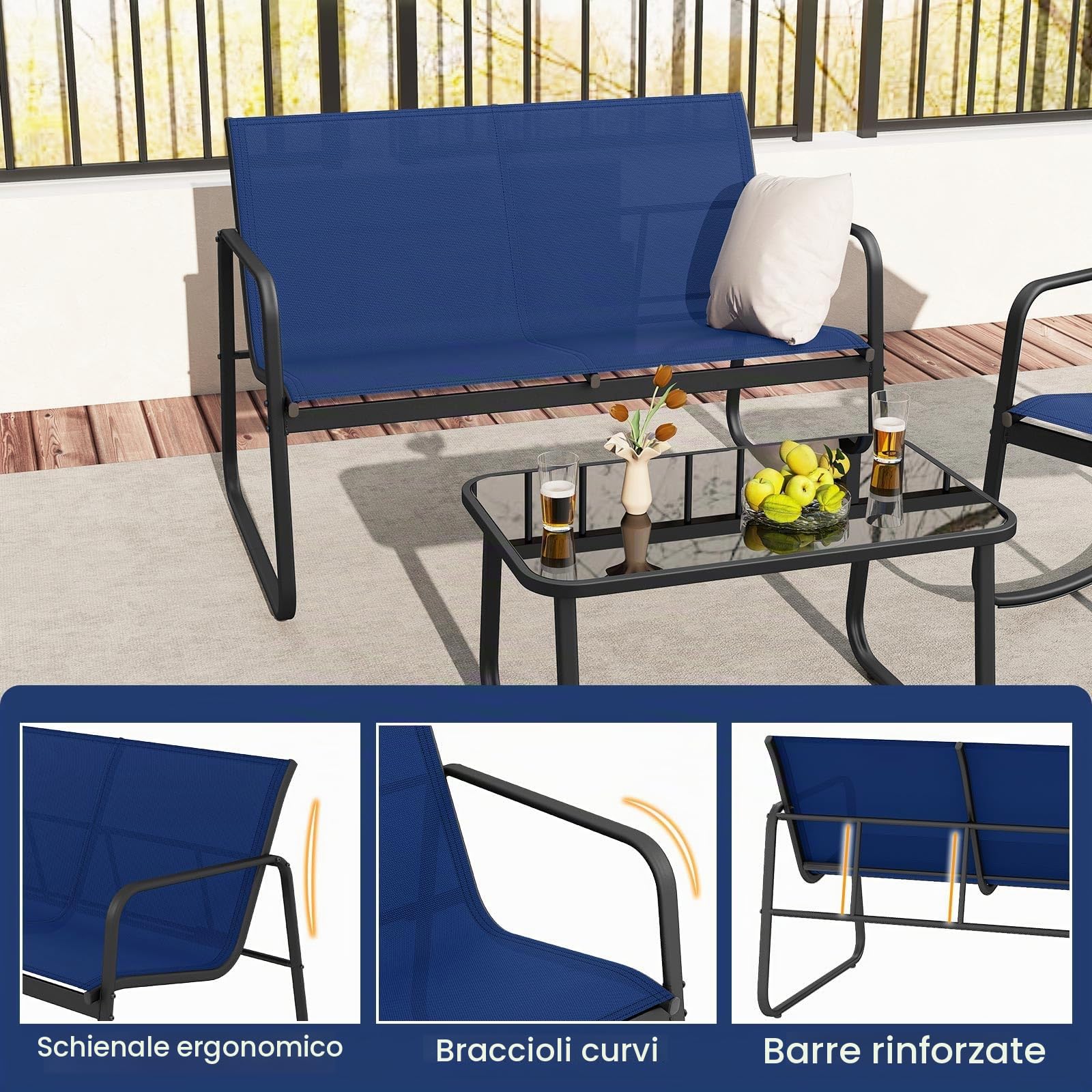 GIANTEX Set di 4 mobili da giardino con tavolino da salotto e panca da giardino e 2 sedie a dondolo, mobili da balcone in textilene con delicato movimento a dondolo (Blu)