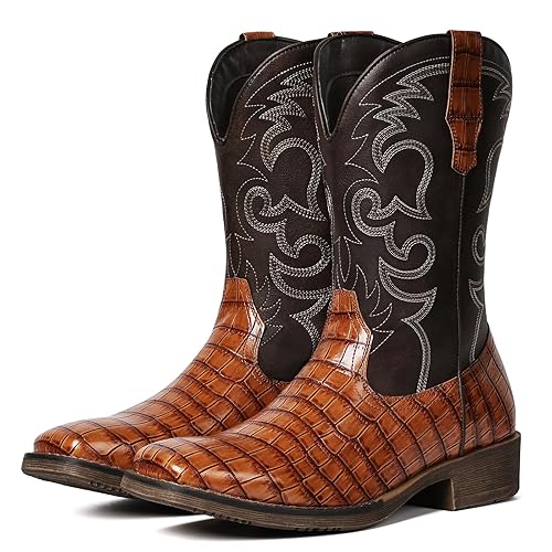 IUV Cowboy Boots For Men Western Caiman Tail Print Wide Fashionable Embroidered Pull On Slip Resistant Boots
