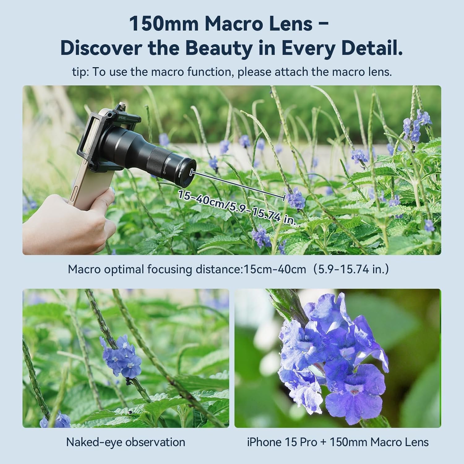 APEXEL 2-in-1 Telephoto Lens & 150mm Macro Lens for | 6X Telephoto and Macro Lens Kit with Universal Clip | Compatible with 16/15/14/13 Pro/Max, Samsung and Android Smartphones
