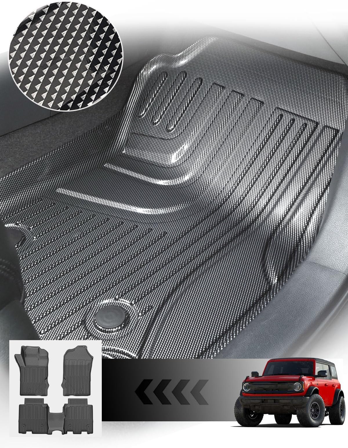 Carbon Fiber Pattern Floor Mats Fit for 2021-2025 Ford Bronco 4 Door (Not for Bronco Sport), All Weather Luxury Custom Fit 3D 1st & 2nd Row Car Mats Protection Floor Liners Waterproof Accessories