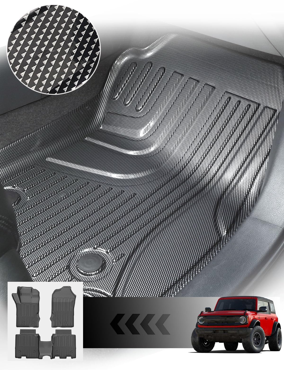Carbon Fiber Pattern Floor Mats Fit for 2021-2025 Ford Bronco 4 Door (Not for Bronco Sport), All Weather Luxury Custom Fit 3D 1st & 2nd Row Car Mats Protection Floor Liners Waterproof Accessories