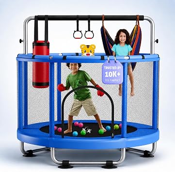 55" Toddler Trampoline for Kids Ages 38 Indoor & Outdoor Kids Trampoline Anti-Tilt Frame, Adjustable Gym Bar, Basketball Hoop, Ocean Balls, Boxing Bag, Hammock & Boxing Gloves