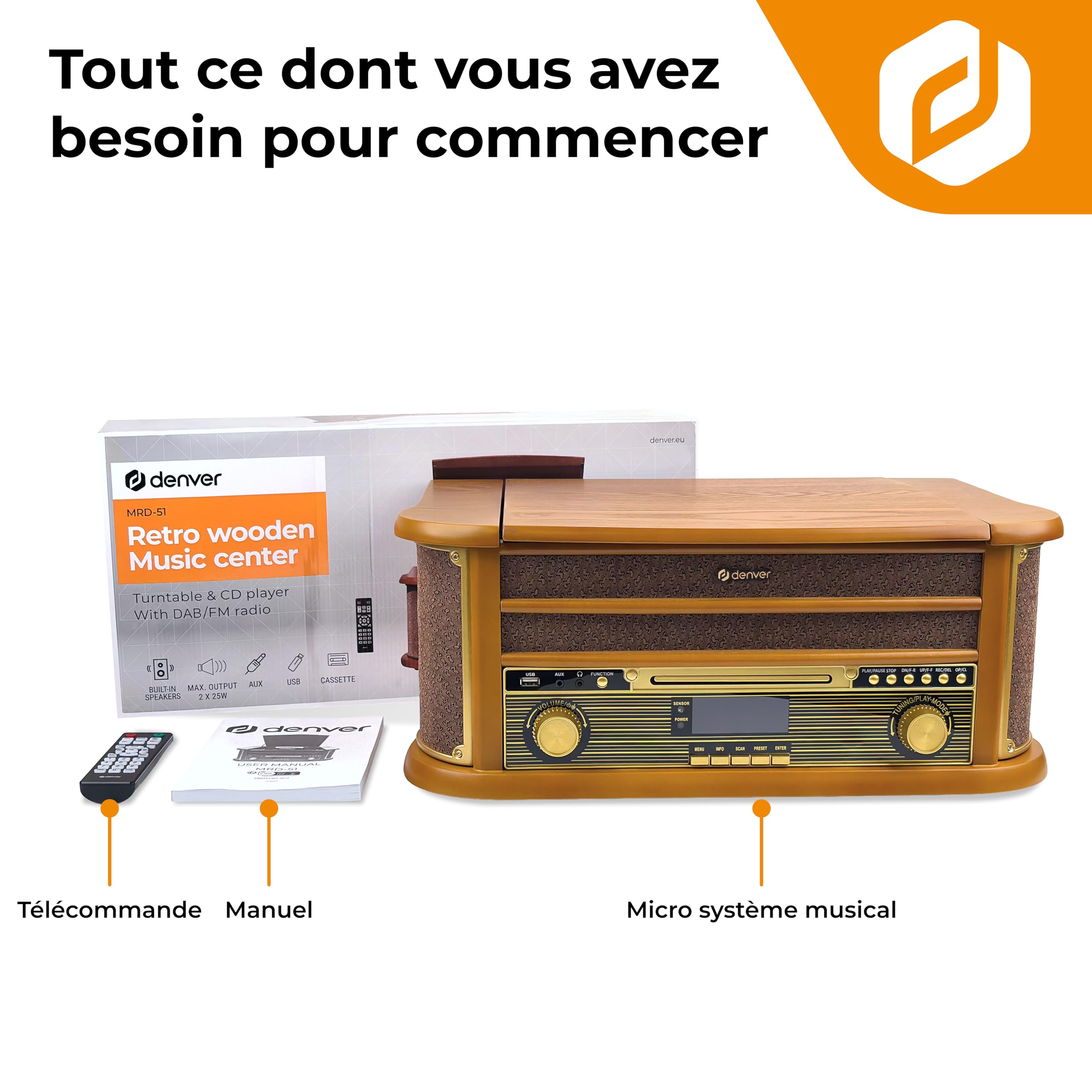 Denver MRD-51 Chaîne Musicale rétro avec Platine Vinyle, Dab+/FM, CD, Cassette, USB, AUX, Enregistrement MP3, Bois