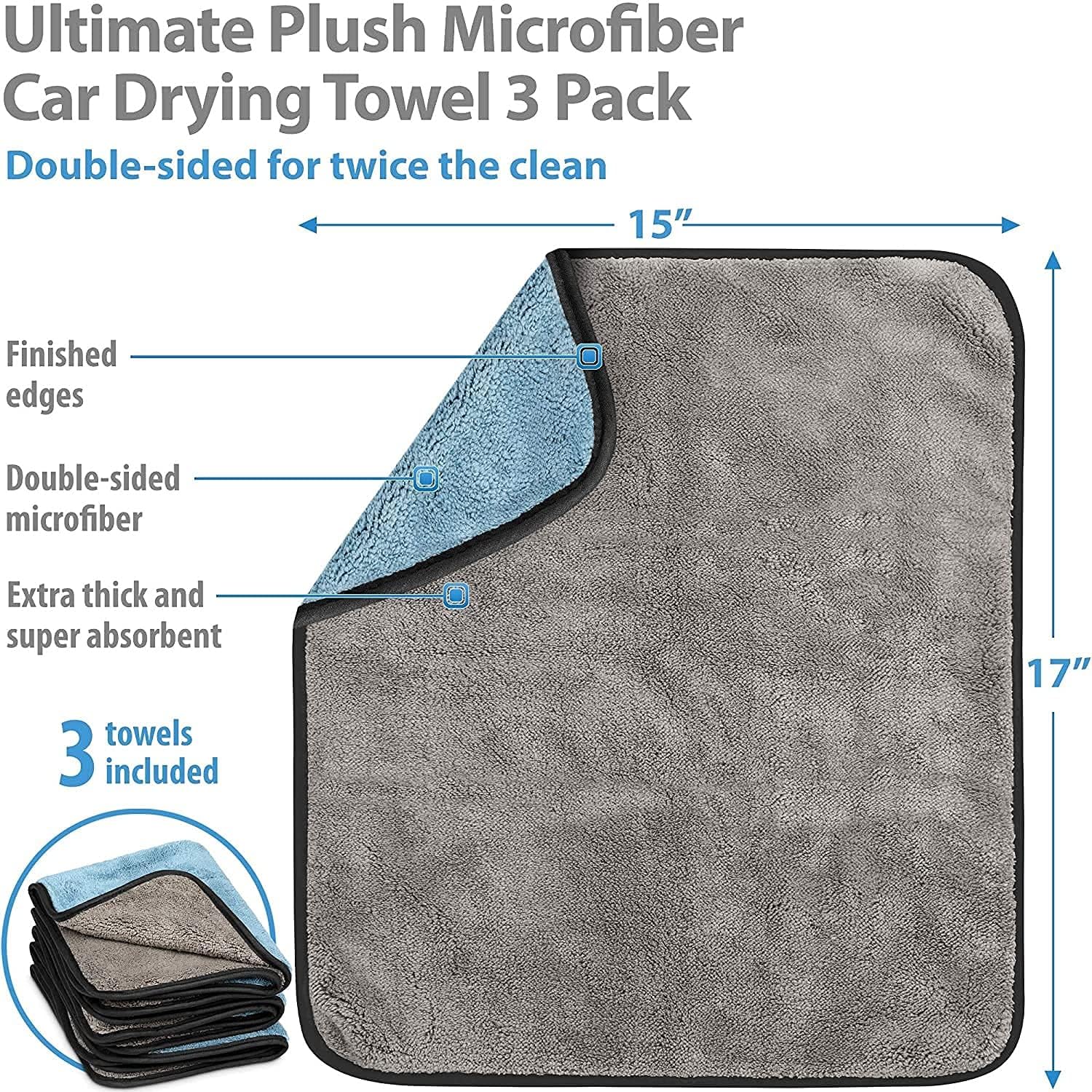 Auto Hub Heavy Microfiber Cloth for Car Cleaning and Detailing, Double Sided, Extra Thick Plush Microfiber Towel Lint-Free, 800 GSM (Size 40cm x 40cm)/Pack of 3, Color: Blue 3