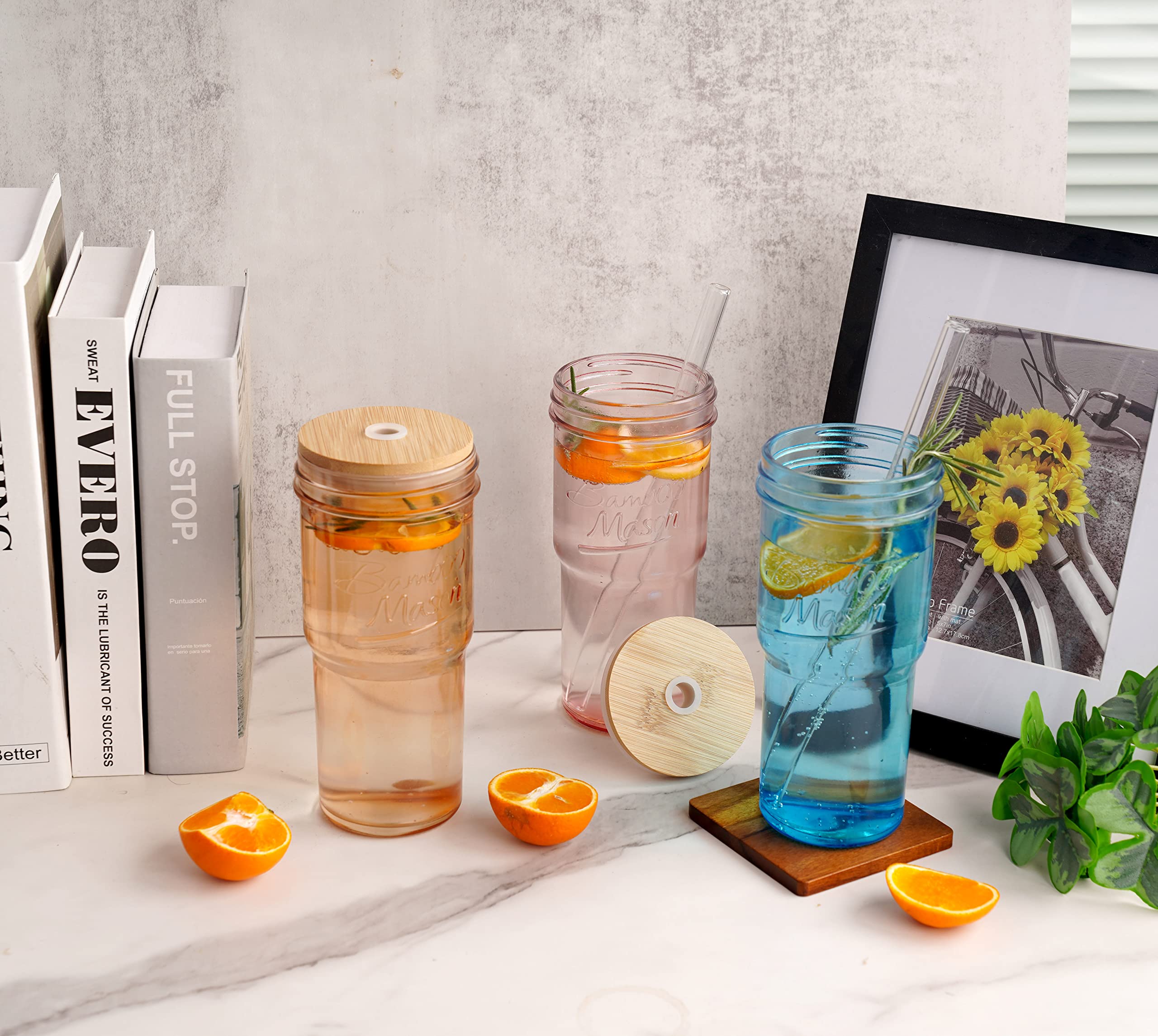 ANOTION Farbige Glasbecher mit Deckel und Strohhalmen 24oz Reise Kaffeebecher Breiter Mund Mason Jar Eiskaffee Tasse Smoothie Cup Glas Tumbler Tee