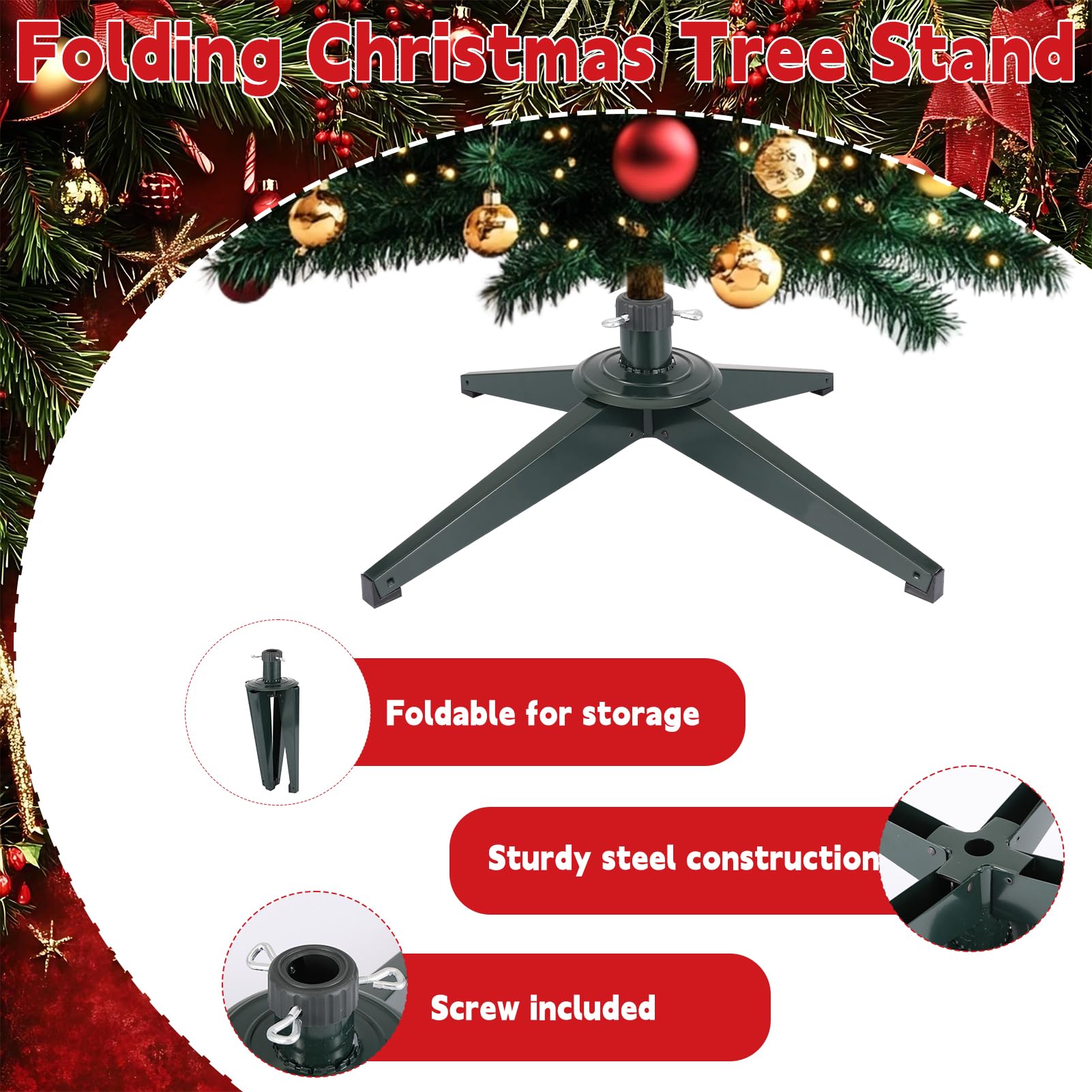 Weihnachtsbaumständer Faltbarer Christbaumständer 65cm Metall Weihnachtsbaum Ständer mit 3,2cm Bohrung Weihnachtsbaumbasis Metallständer für 8ft künstliche Weihnachtsbäume, Grün