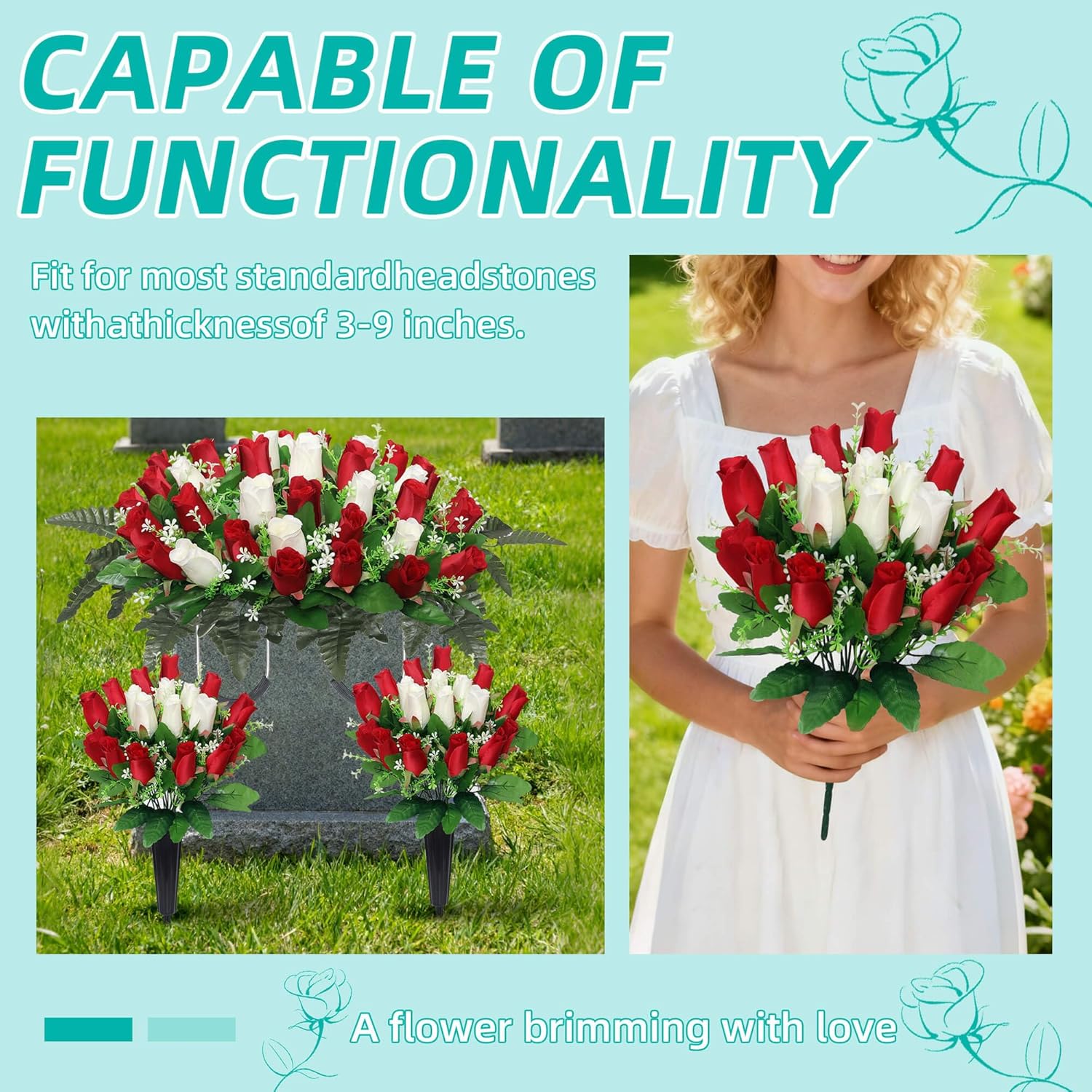 3 Pcs Artificial Cemetery Flower,Grave Flowers for Cemetery,Headstone Flower Saddle,Memorial Grave Flowers for Tombstone Decoration (Red White)