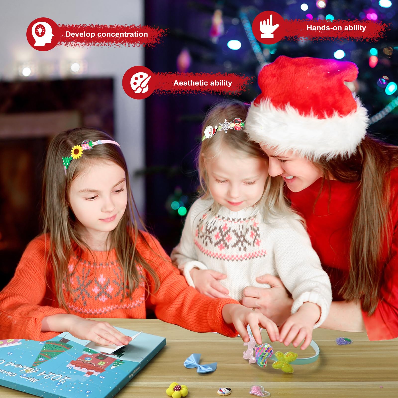 Christmas Advent Calendar 2024 for Girl, DIY Headband 24 Days of Christmas Countdown Calendar for Women Teen Girls with Hairband, Christmas Gifts Set for Kids Decoration Gift