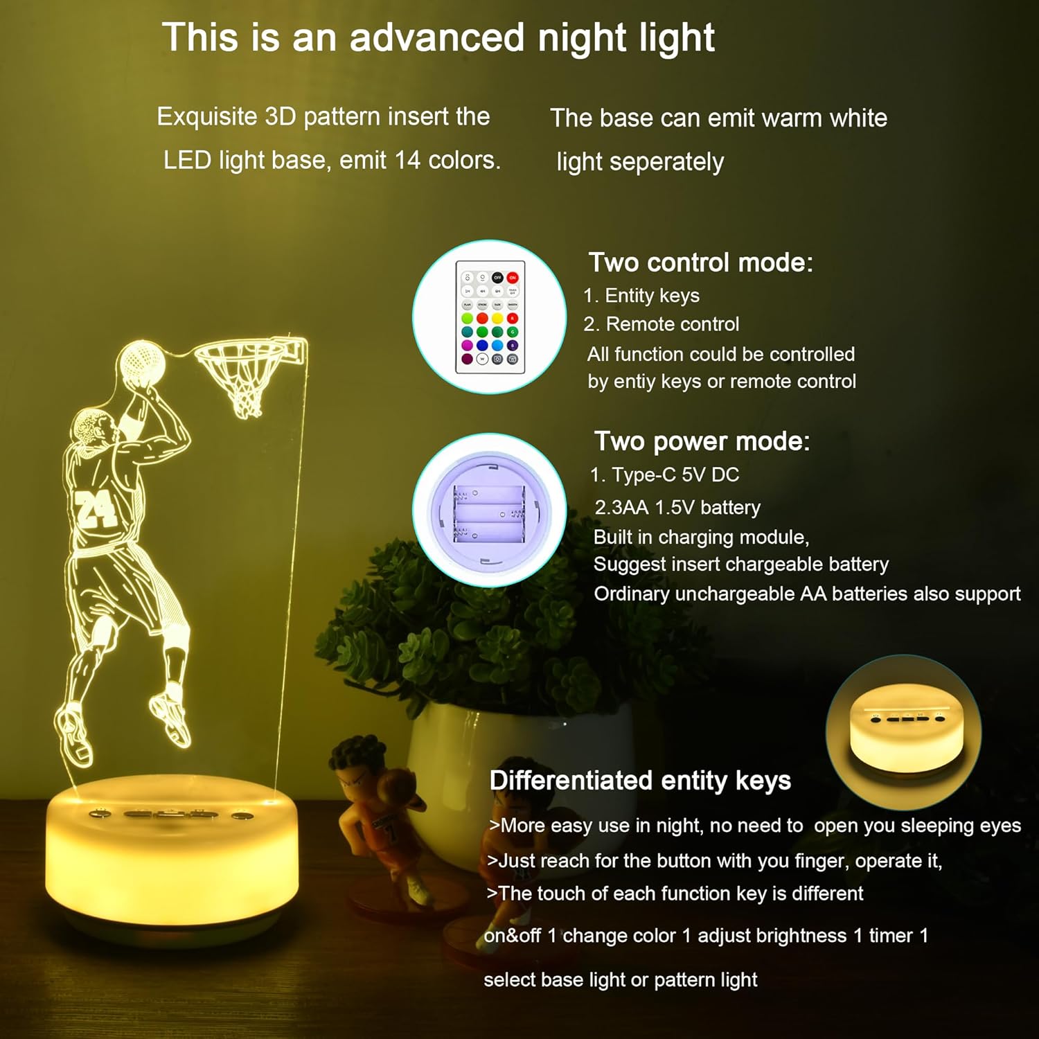 Basketball Night Light for Kids, Basketball Gift for Sports Players Fans, Decor Bedside Lamp for Bedroom/Office, 5 Buttons and Remote Control 14 Colors, Timer, Dim, Independent Warm White Lamp Base