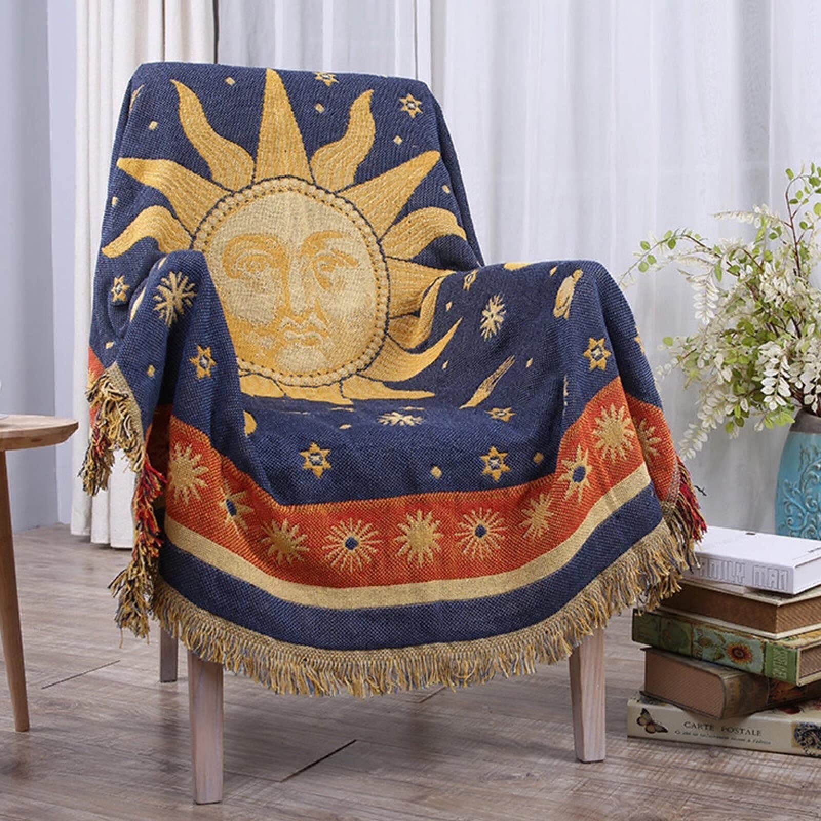 Mata piknikowa podróżna Duży koc, Bohemia Sun Moon Stars Pattern Cotton Woven Thicked Warm Slipcover Tapestry Tassel Pledy na sofy, łóżka, krzesła(130x180CM)