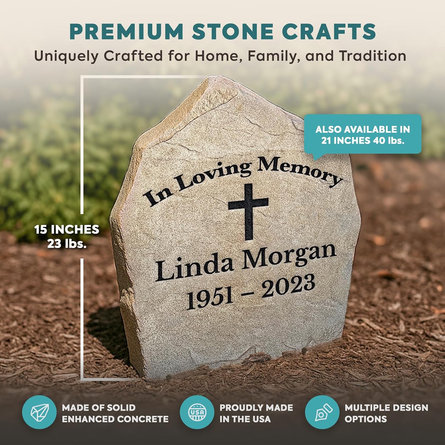 Cross Memorial Stone Sign - Personalized Memorial Garden Stones for Outdoors - Sandstone 15” x 15” - Grave Marker by Design A Stone