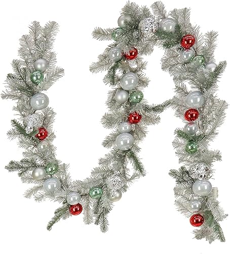 National Tree Company Be Merry - Guirnalda de Navidad plateada con adornos, preiluminada con luces LED blancas puras, funciona con pilas, 9 pies