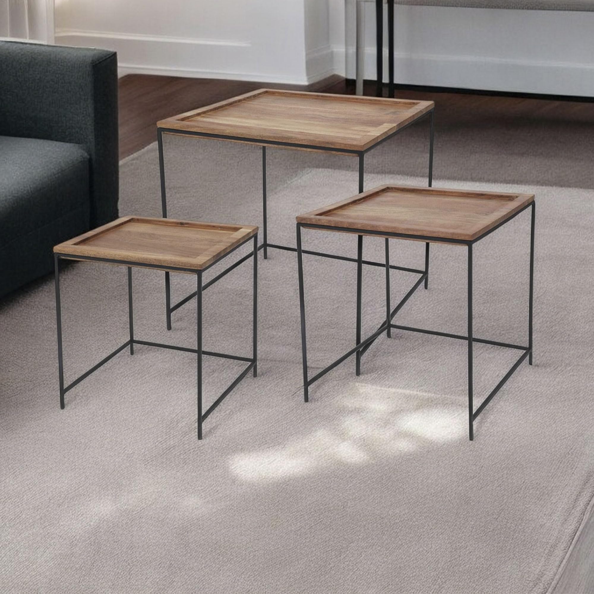 WELL HOME MOBILIARIO & DECORACIÓN Well Home Set di 3 tavolini in Legno di Acacia, Naturale, 41x40x40 cm