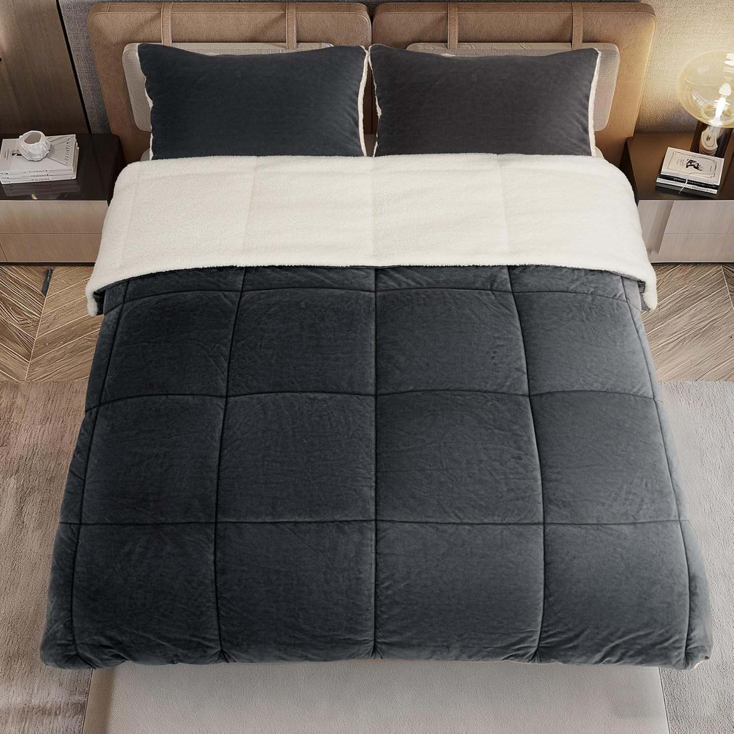 Fluffy Gray Sherpa King Size Comforter Set 3 Pieces,Winter Warm Plush Reversible Down Alternative Comforter & 2 Pillow Shams,Thick Fuzzy Micromink Fleece Bedding Comforter Sets(Charcoal,King) | Soft, Warm Bedding