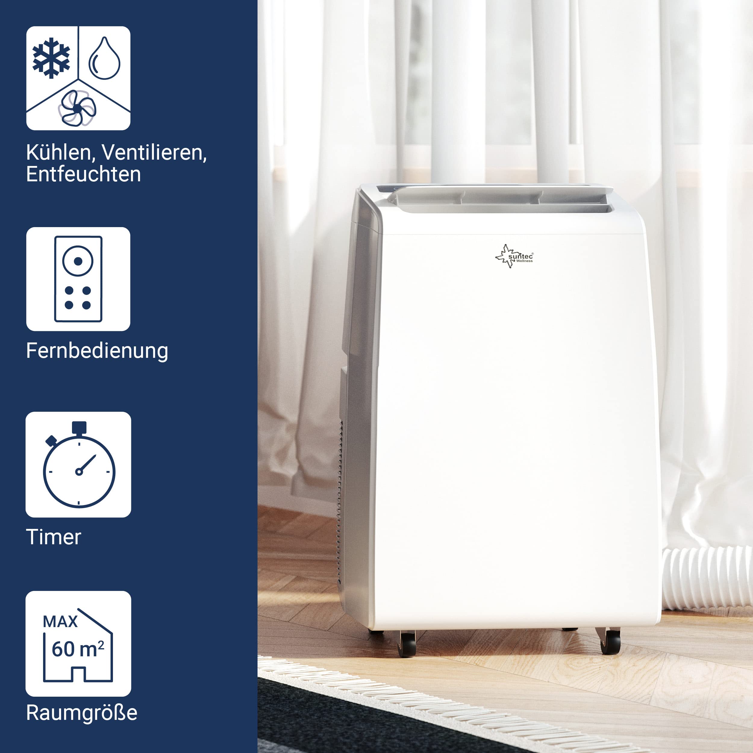 SUNTEC Mobiles lokales Klimagerät Advance 12.0 Eco R290 | Klimaanlage für Räume bis 60 qm | Abluftschlauch | Kühler und Entfeuchter mit ökologischem Kühlmittel | 12.000 BTU/h | Für Wohnung und Büro