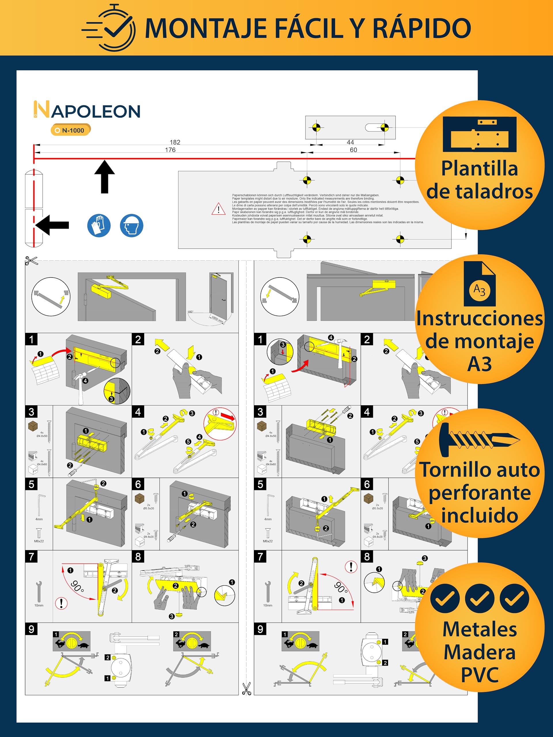 NAPOLEON N-1000 Cierrapuertas Automático Robusto - Normas EN1154/EN1634 - Comercial & Residencial - Puertas de 20Kg a 60Kg Tamaño 3 - Plantilla de Taladros - Instalación Fácil y Rápida (Blanco)