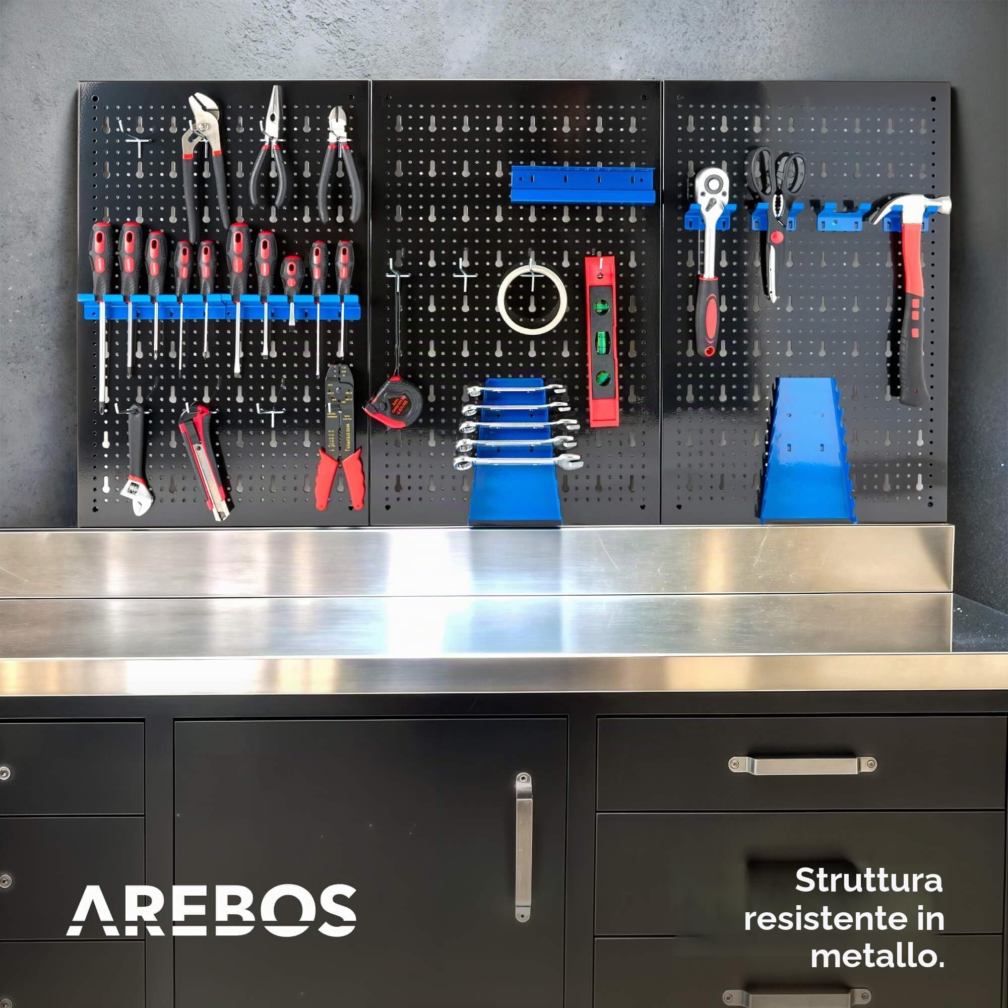 Arebos Parete degli attrezzi, 3 pezzi, parete forata per officina, set di ganci e supporti da 17 pezzi, 117,6 x 59,5 x 2 cm, parete forata per utensili in metallo per installazione con materiale di