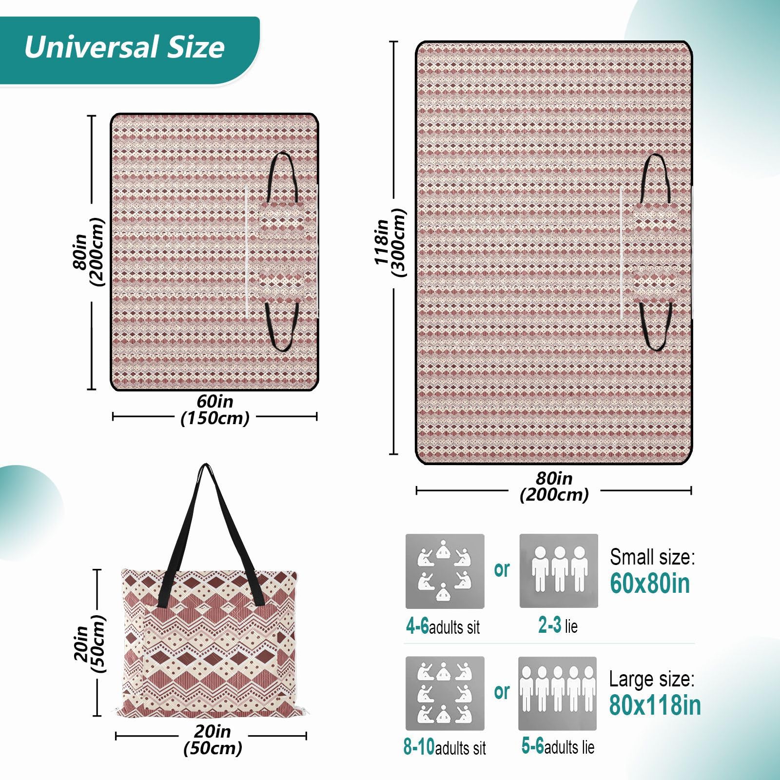 Coperte da picnic impermeabili per interni ed esterni, tappetino da campeggio per adulti, articoli da picnic, stile bohémien, retrò, rosso, caffè, picnic
