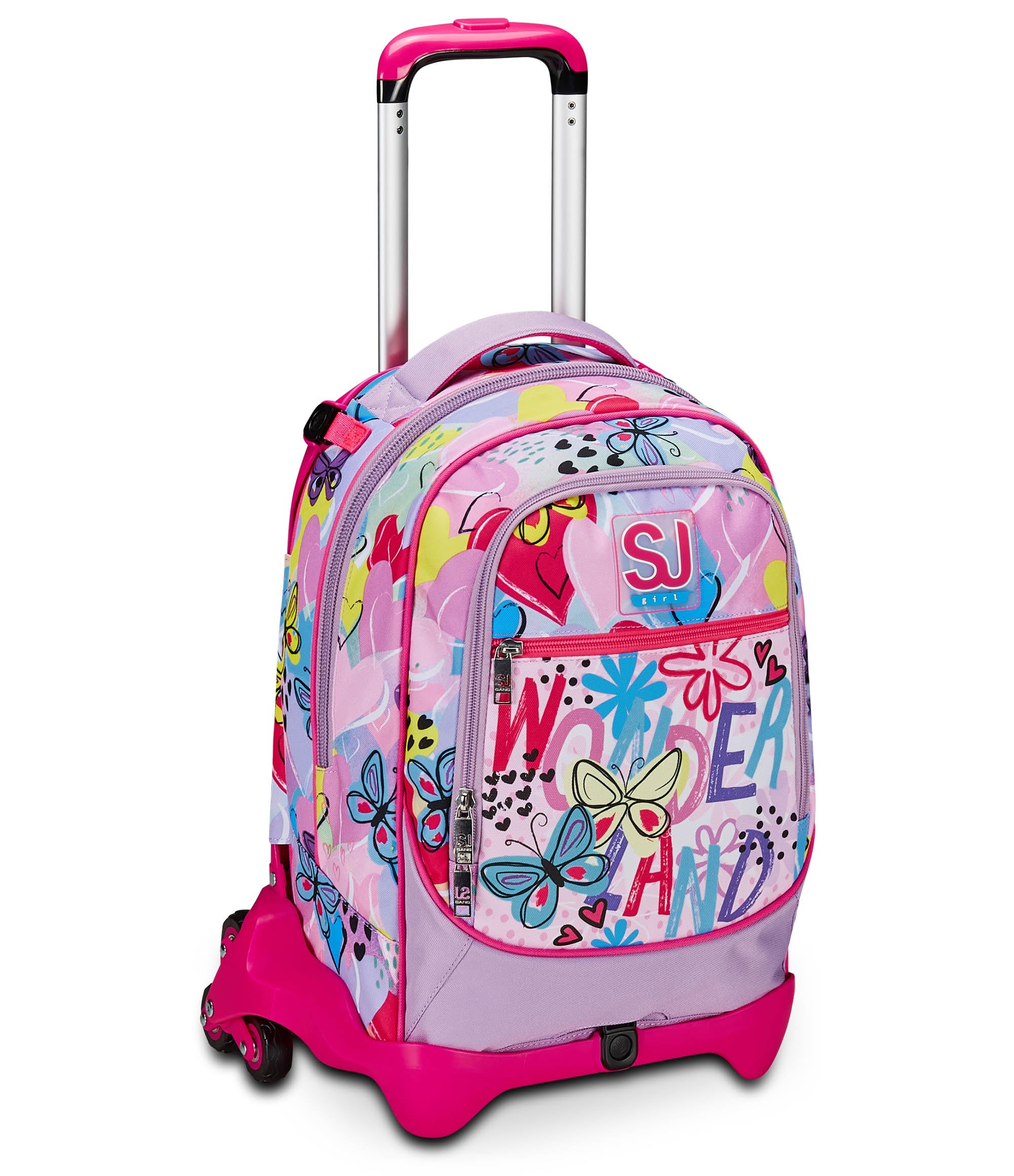 SJ Gang Trolley Scuola Jack 3 Ruote, Rosa, Magicance, 3 in 1, Triplo Uso, Zaino Con Carrello Sganciabile, Tasca Porta Borraccia e Crossover System, Zaino Scuola Elementare, Zaino Bambina