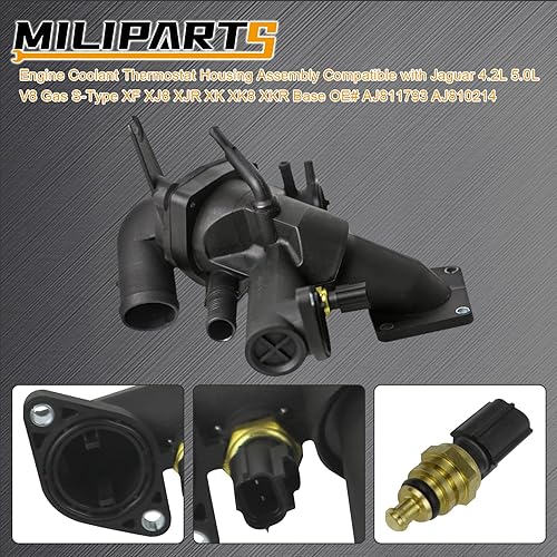 Miniatura 3 de Conjunto de carcasa de termostato de refrigerante de motor compatible con Jaguar 4.2L 5.0L V8 Gas S-Type XF XJ8 XJR XK XK8 XKR Base OE# AJ811793
