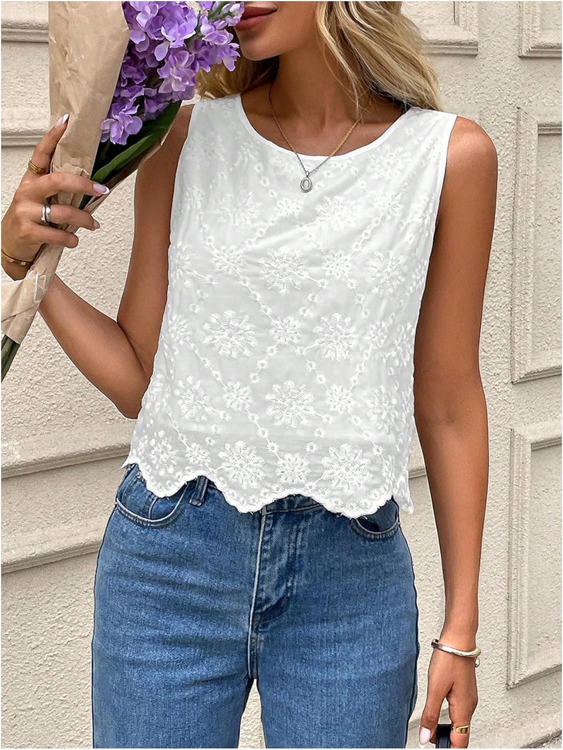 SHENHE Women's Summer Sleeveless Embroidered Dressy Casual Blouse Scalloped Going Out Top - Image 5