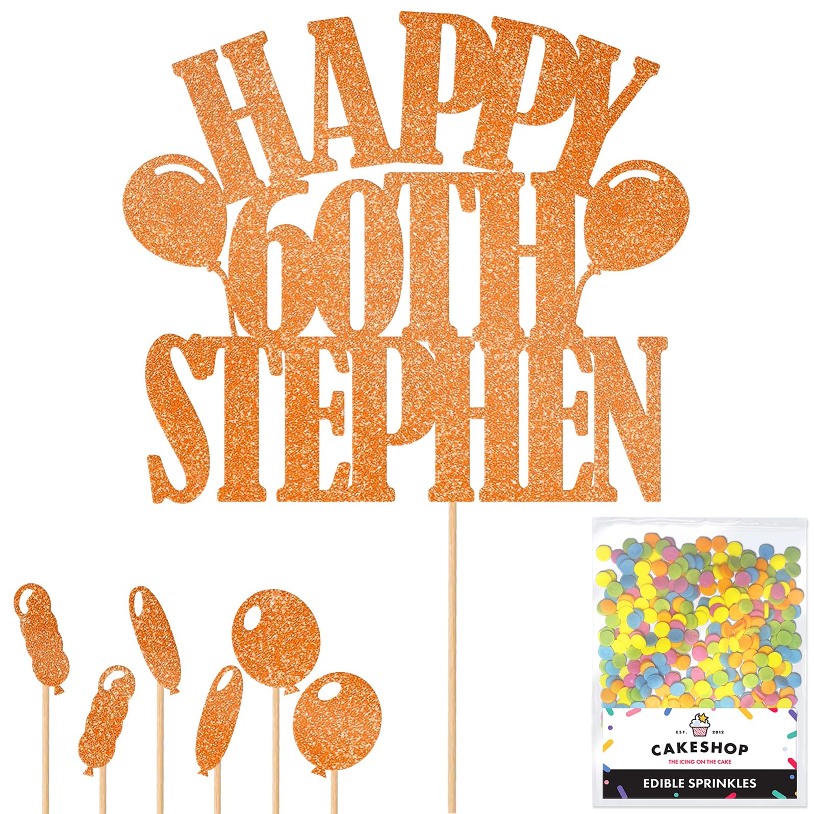Personalised Happy Birthday Glitter Cake Topper Balloons - Copper Orange Any Name Age Glitter Cake Decoration and Sprinkles - Happy Birthday Decorations - Personalised Toppers for Cakes by Cakeshop