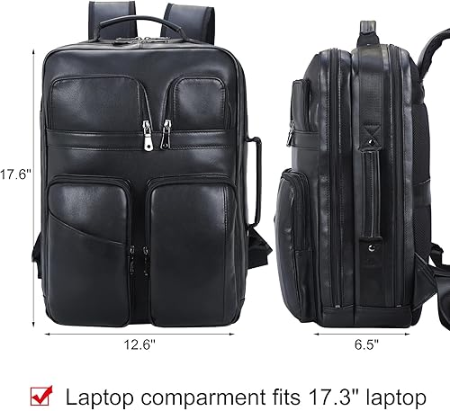 Miniatura 5 de TIDING Mochila de cuero para laptop de 17.3 pulgadas para hombre, con múltiples bolsillos, casual, mochila de viaje de negocios, color negro