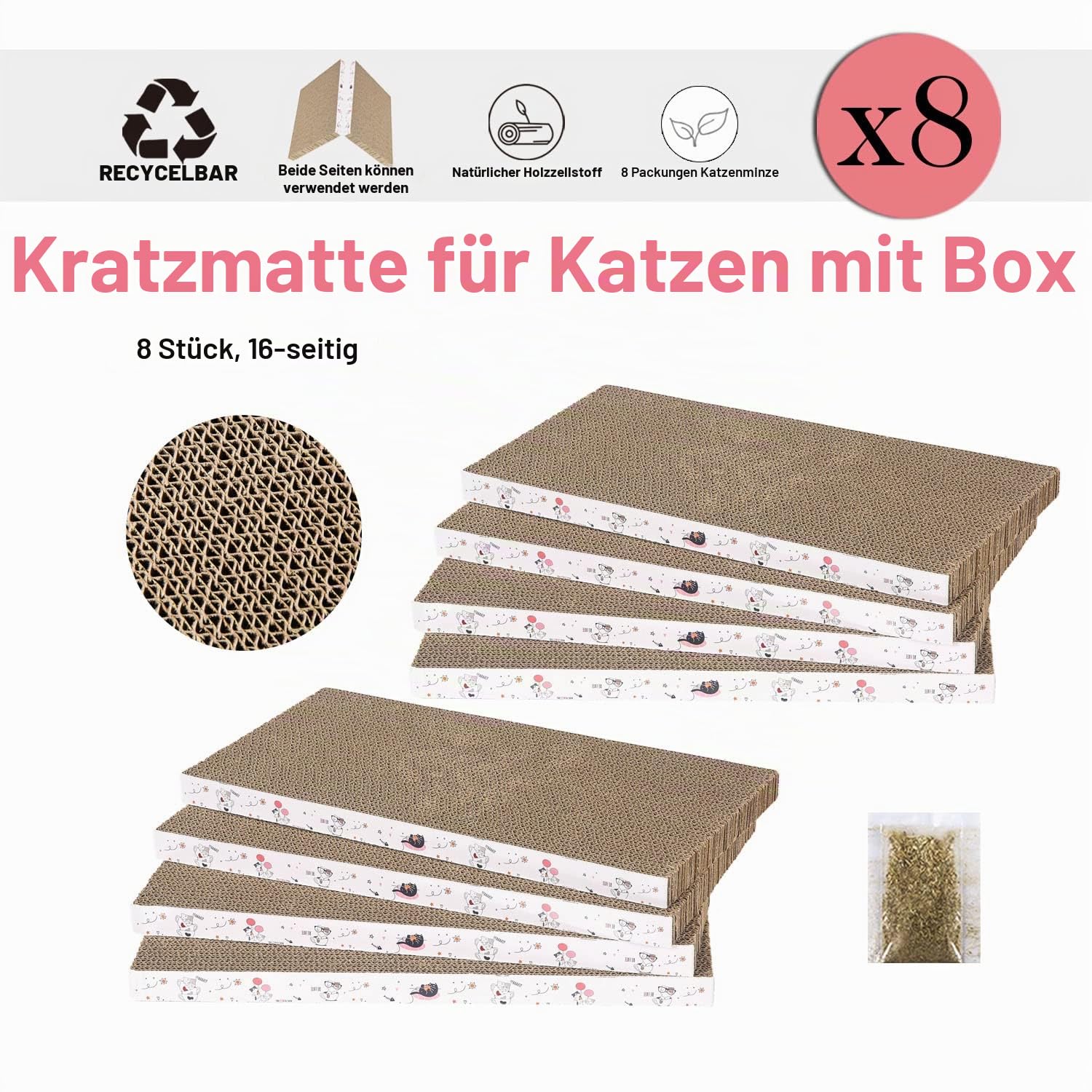 8 Packungen in 1 Katzenkratzkissen, Katzenkratzer aus Karton, wendbar, langlebig, recycelbar, Premium-Kratzer, geeignet für Katzen zum Ausruhen, Krallen Schleifen und Spielen