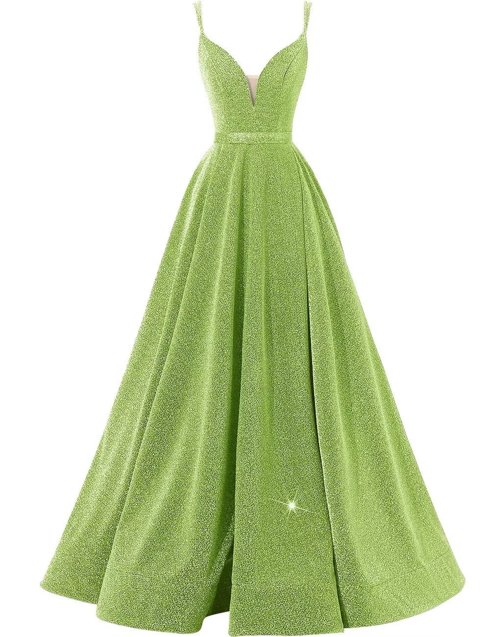 Glitter Long Prom Dresses 2025 Sparkly Evening Gown with Slit Spaghetti Strap V Neck Formal Prom Gowns with Pocket