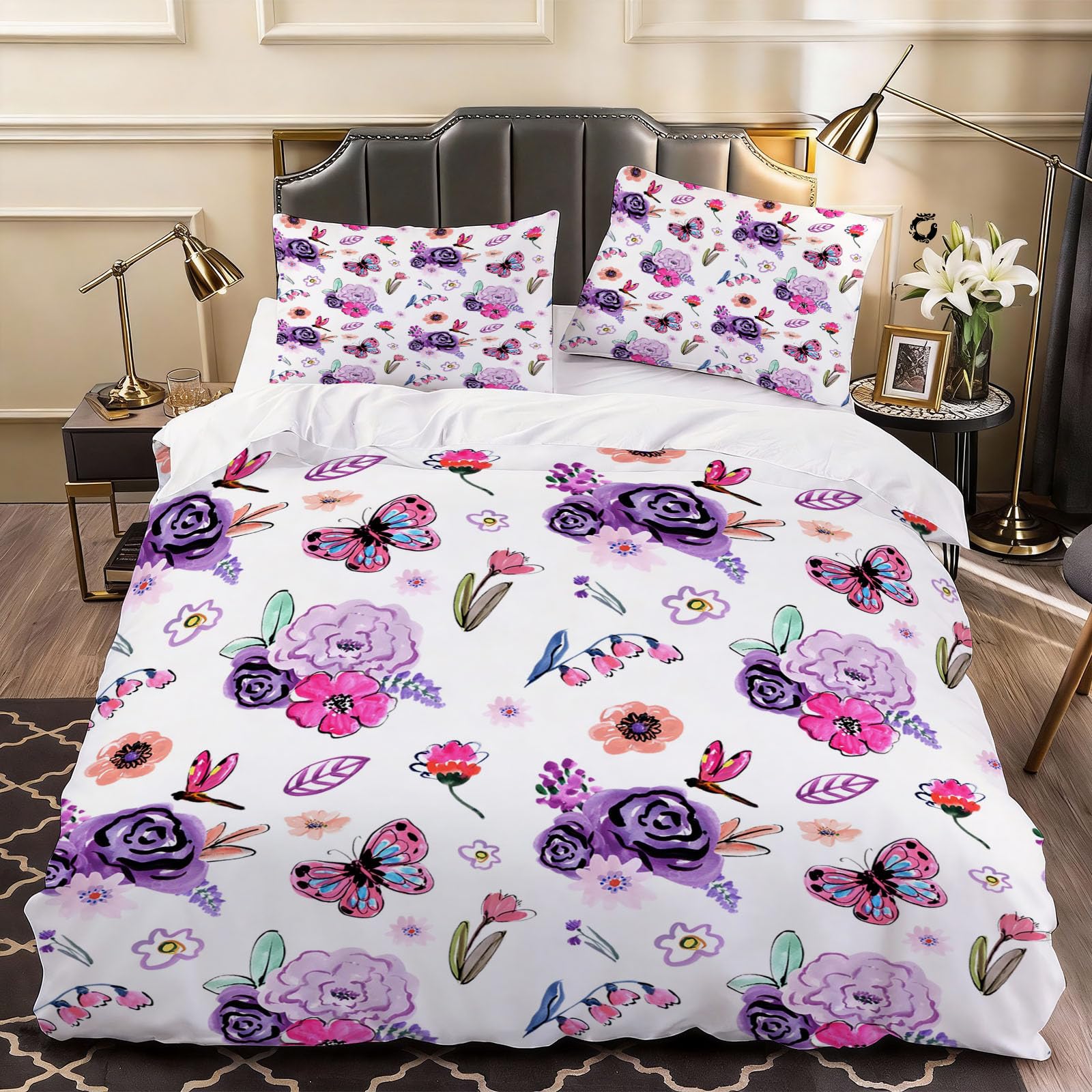 3D Floral Duvet Cover Cartoon Bedding Double Bed Set, Soft Microfiber Comforter Cover Printed with Zipper Closure Quilt Coverr 200x200 cm and 2 Pillowcases