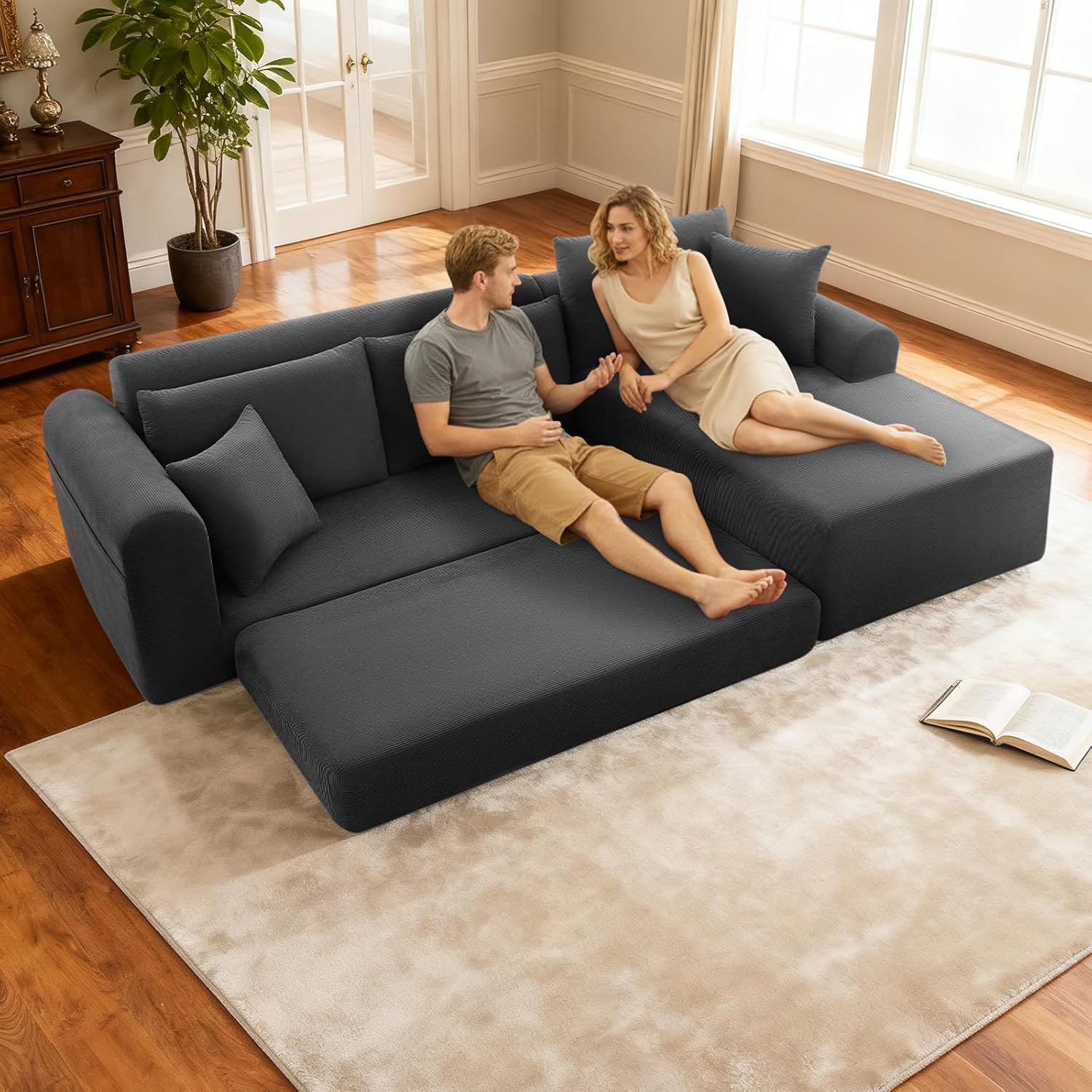 103 inch Cloud Sectional Couch, Modular Sectional Sofa with Deep Seat,Folding L-Shape Sofa Bed,Corduroy Boneless Couch Bed for Living Room,No Assembly Required,(Grey,Left Facing Chaise)