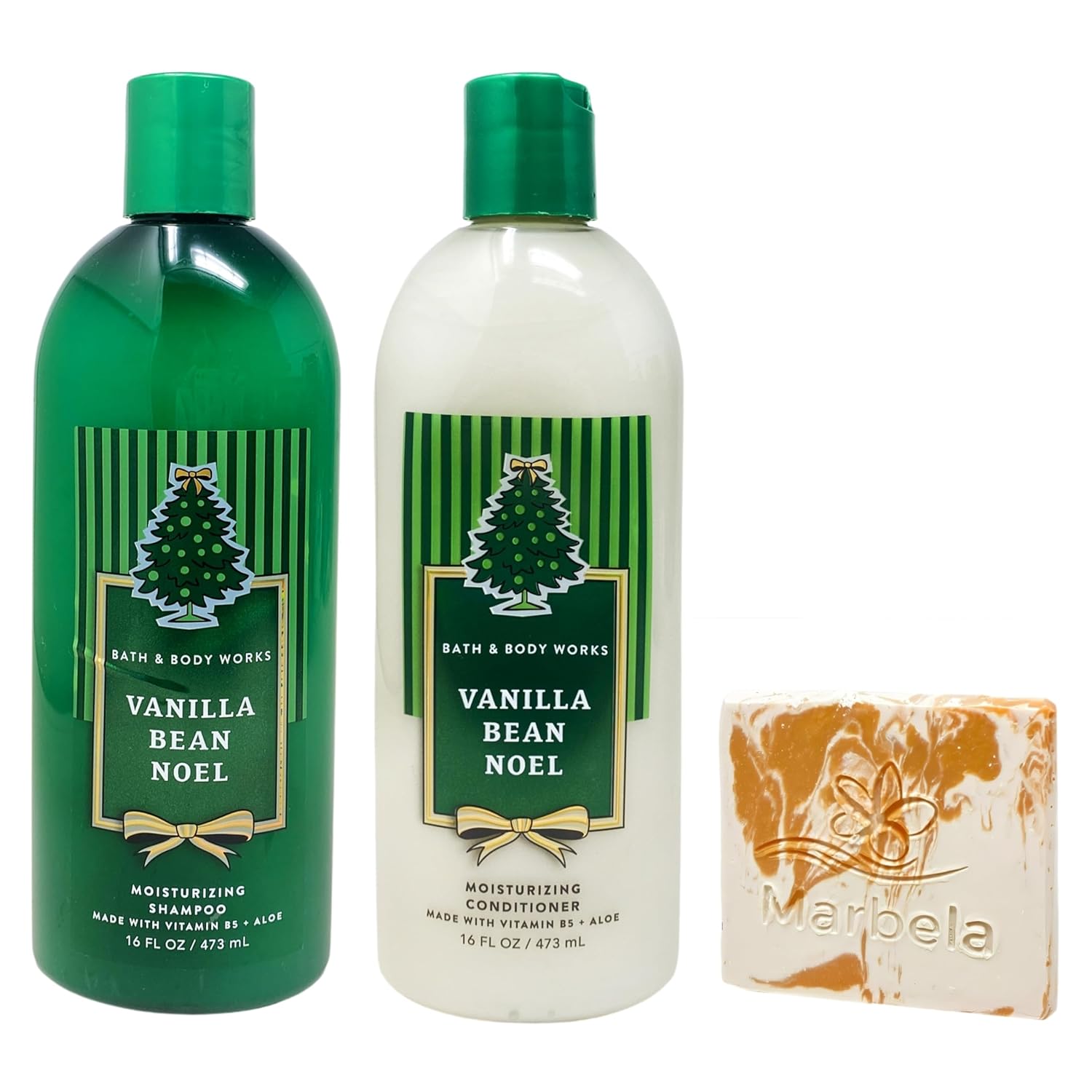 Bath & Body Works Vanilla Bean Noel Moisturizing Shampoo & Conditioner with a Peach Gardenia Sample Soap