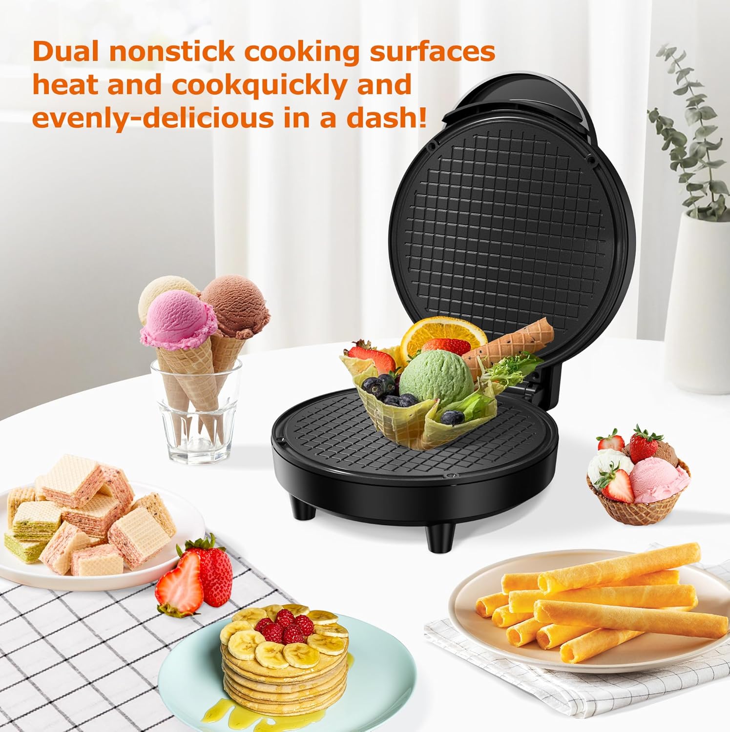 Waffle Cone Maker, 750W Thin Waffle Maker (Ice Cream Cone) with Shaper Roller, 7.08" Nonstick Plate