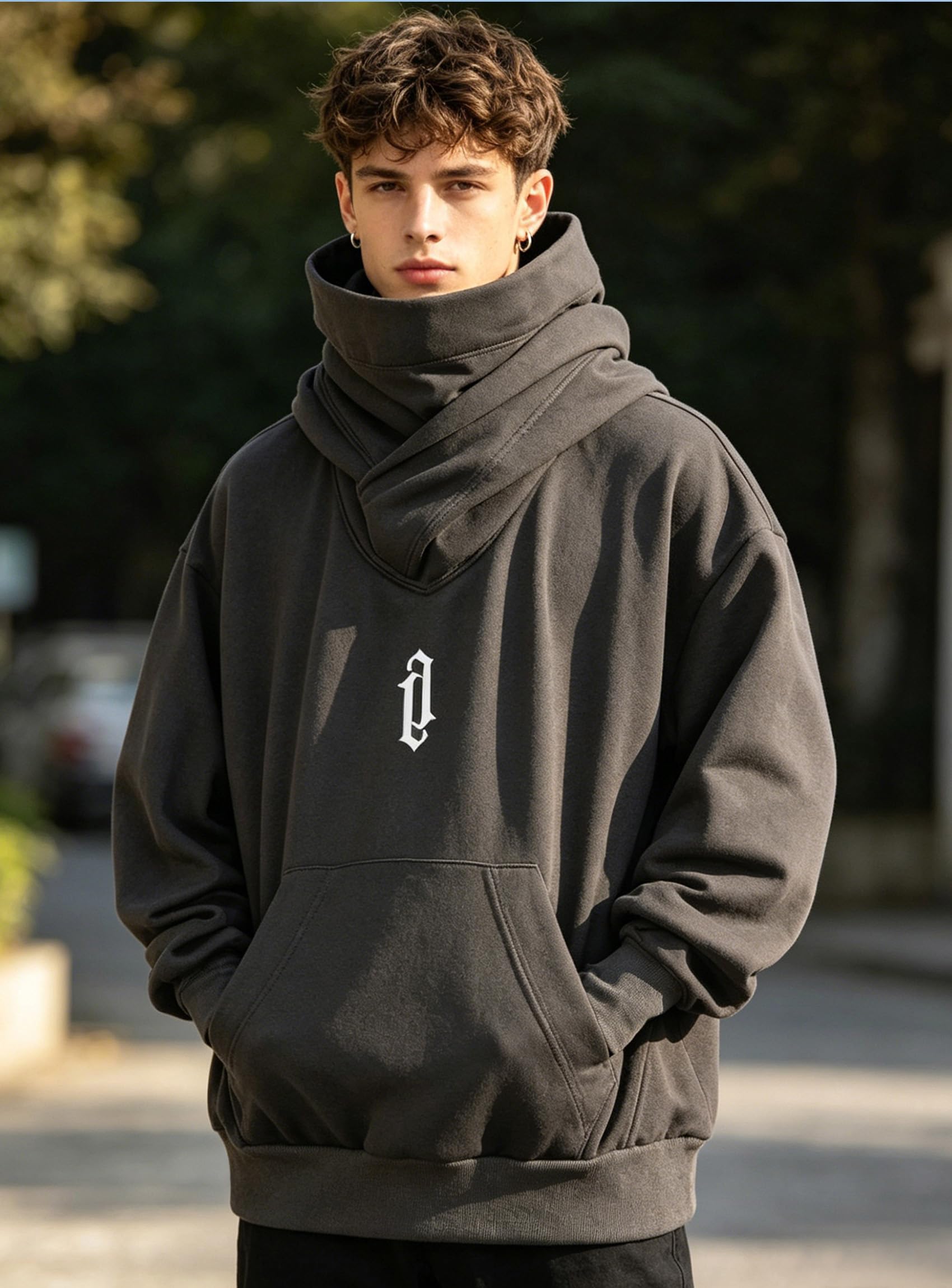 Hoodie Herren Oversize Rollkragen Fleece Pulli mit Maske