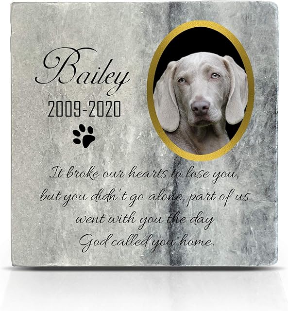 TULLUN Personalised Memorial Grey Marble Natural Stone Plaque For Pet Cat Dog Frame Paw Grave Marker - Photo - Size | 4" x 4" or 10 x 10 cm|
