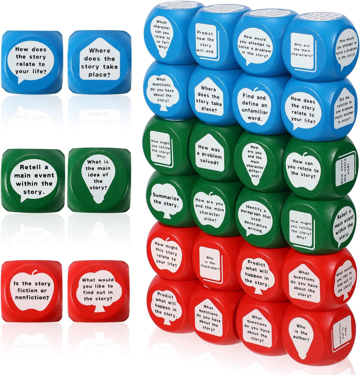 CHENGU Reading Comprehension Cubes 3 Colored Language Reading Manipulatives Learning Cube Question Dice Tools for Elementary School Classroom Kids Teacher Teaching Supplies (24)