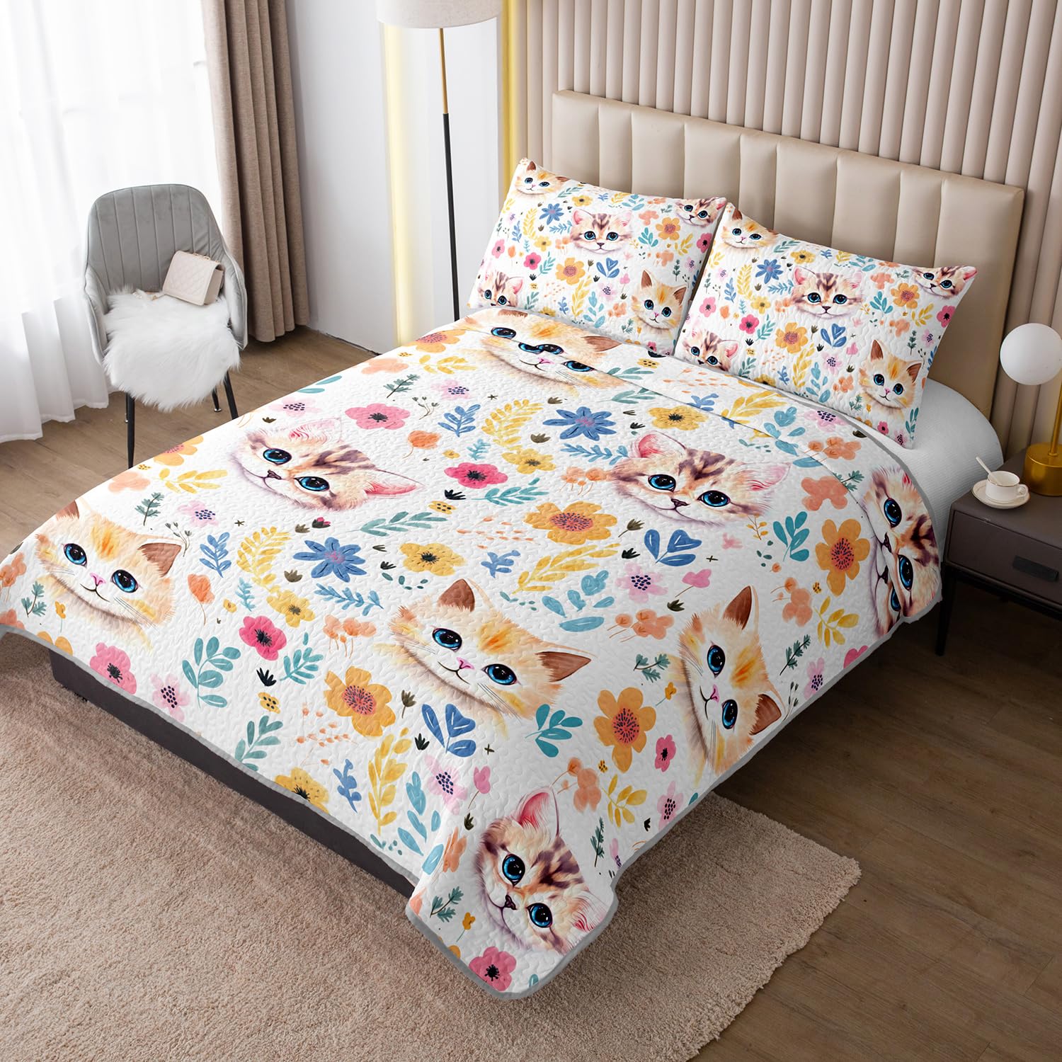 UEVBF Kawaii Cat Quilt Set,Orange Cat Flowers Pattern Bed Set for Toddler Kids Girls Room Decor,Cute Bedding King Quilted Sets with 2 Pillowcases.