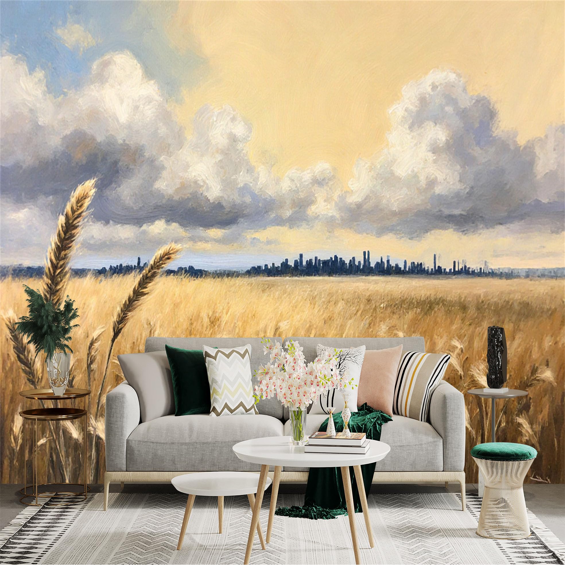 Lnzczhyre Xc260505899 Custom Size Wall Sticker Mural， Golden Wheat Field At Sunset， Distant City Skyline， Peaceful Rural Landscape Painting， For Wall Decoration， Peelandstick Wall Decals.