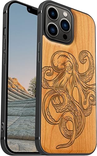 Miniatura 15 de Carveit Funda magnética de madera para iPhone 13 Pro [madera natural y TPU suave negro] funda protectora de madera única y elegante a prueba