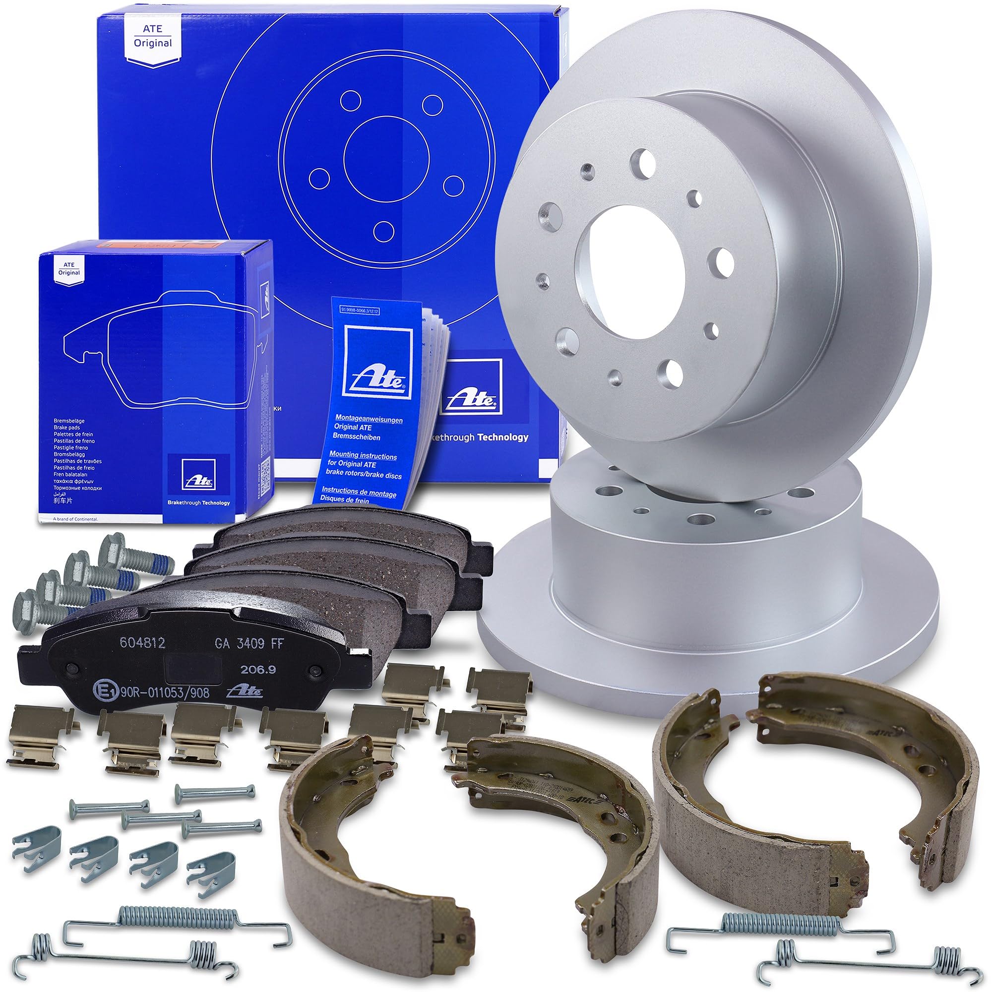 ATE Bremsenset Hinterachse inkl. Bremsscheiben hinten Ø 280 mm voll und Bremsbeläge hinten und Handbremsbacken Festellbremse + Montagezubehör Kompatibel mit CITROËN JUMPER, FIAT DUCATO, PEUGEOT BOXER