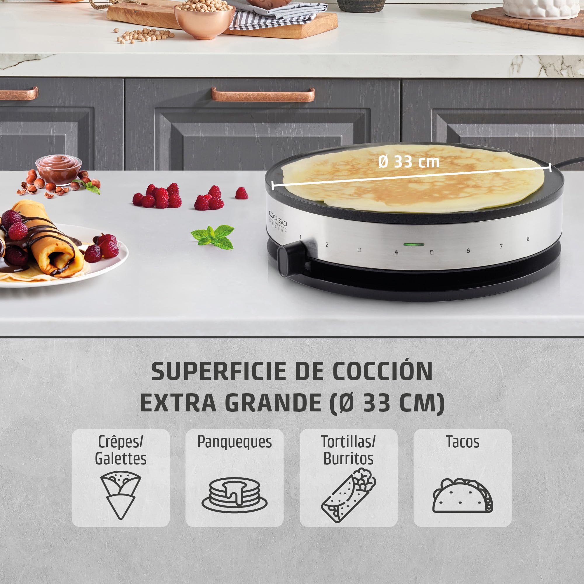 CASO CM 1300 - Crepera electrica con 1300W, Revestimiento antiadherente, Potencia regulable, 33 cm diámetro para crepes extragrandes, Incluye distribuidor de masa y espátula, acero inoxidable