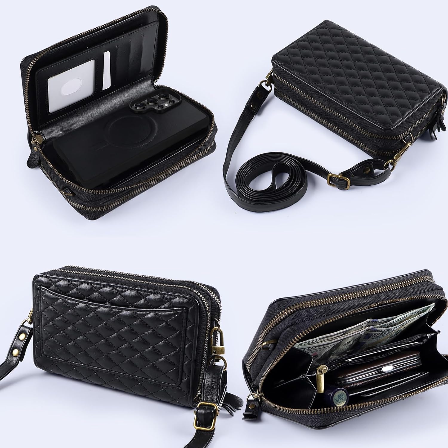 Harryshell Compatible with Samsung Galaxy S26 Ultra Case Wallet Multi Zipper Detachable Removable Cover Purse with Card Slots Holder Mirror Crossbody Strap (Compatible with Magsafe - Black)