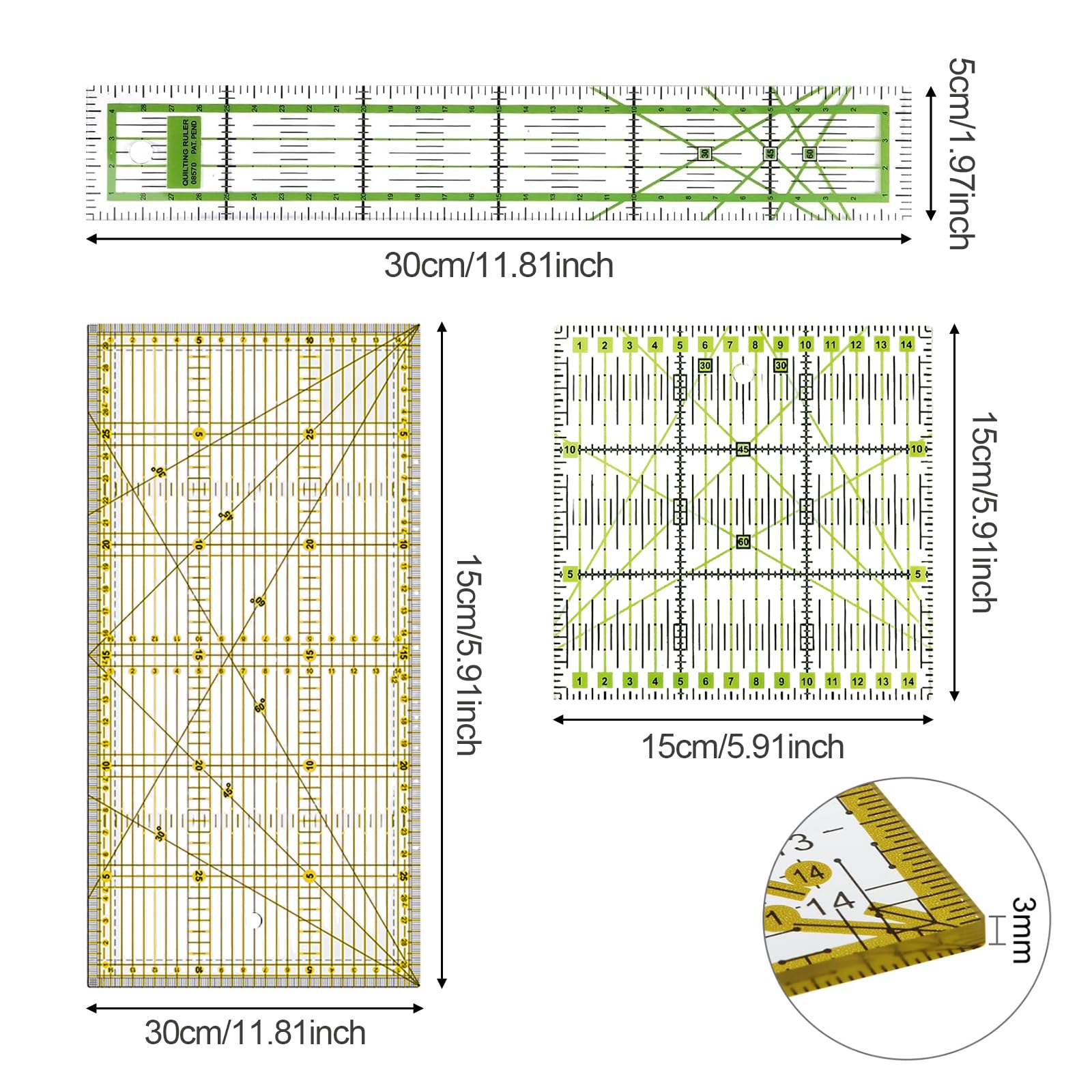 3 Sewing Ruler - Scale per Cucire - Righello per Sarti - Adatto A Una Varietà di Forme Artigianali, Ampiamente Utilizzate In Trapunti, Misurazioni, Motivi di Cucito, Dipinti E Mestieri